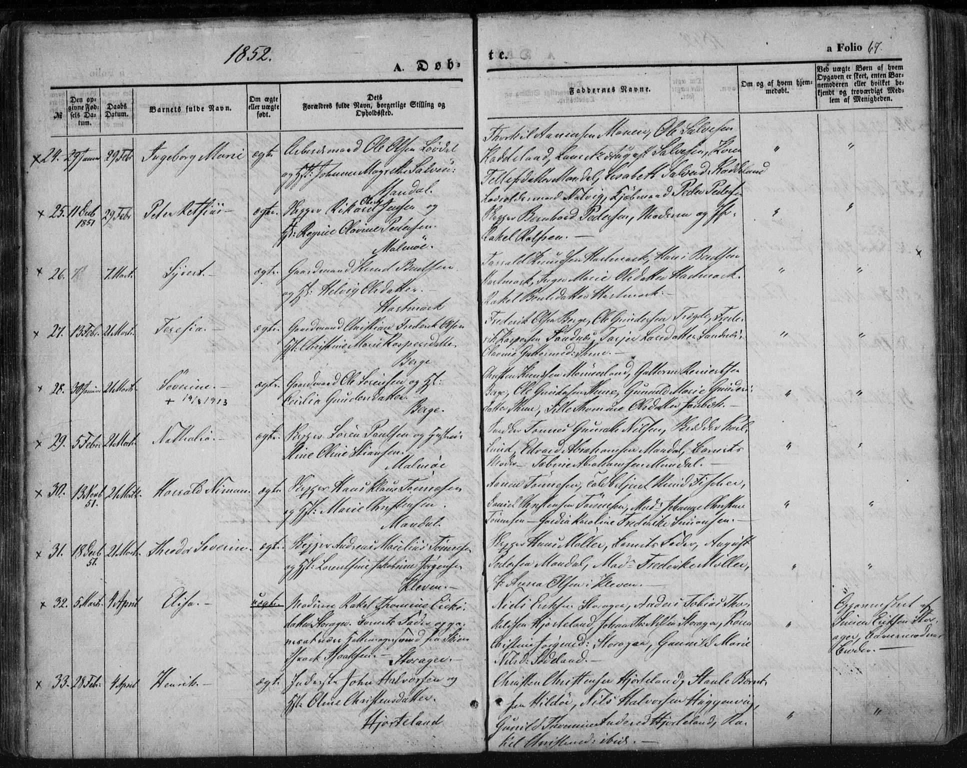 Mandal sokneprestkontor, AV/SAK-1111-0030/F/Fa/Faa/L0013: Parish register (official) no. A 13, 1847-1859, p. 67
