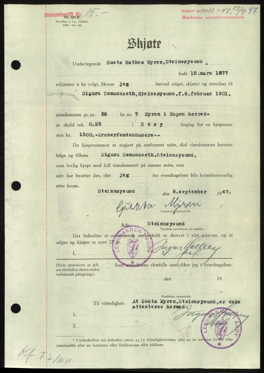 Nordmøre sorenskriveri, AV/SAT-A-4132/1/2/2Ca: Mortgage book no. A106, 1947-1947, Diary no: : 2088/1947