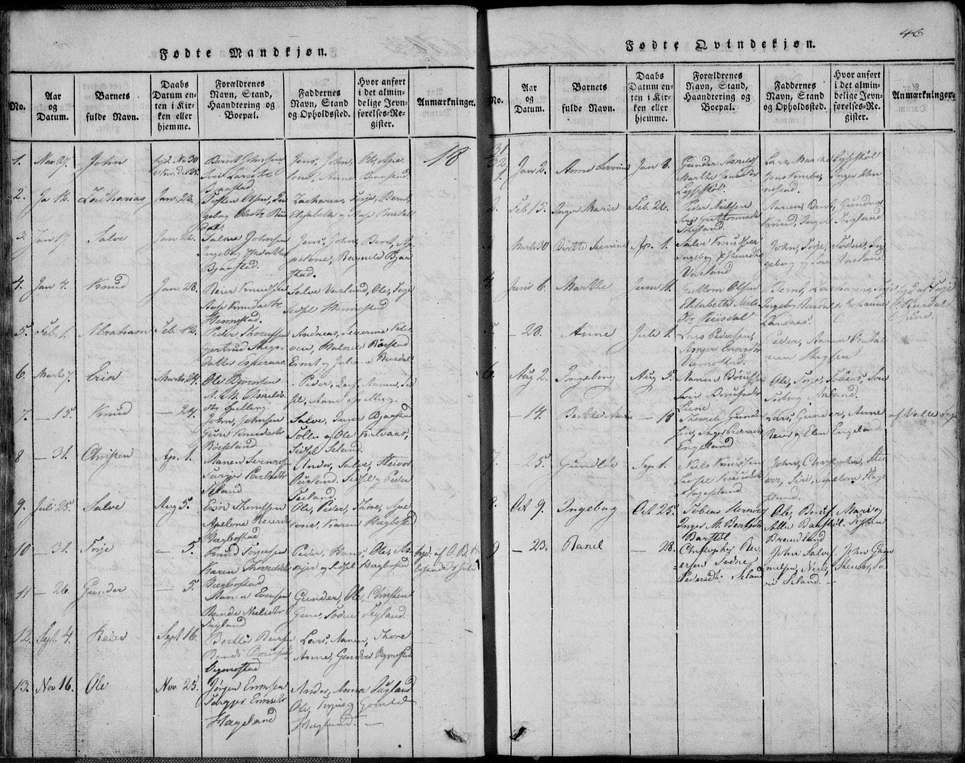 Nord-Audnedal sokneprestkontor, AV/SAK-1111-0032/F/Fb/Fbb/L0001: Parish register (copy) no. B 1, 1816-1858, p. 46