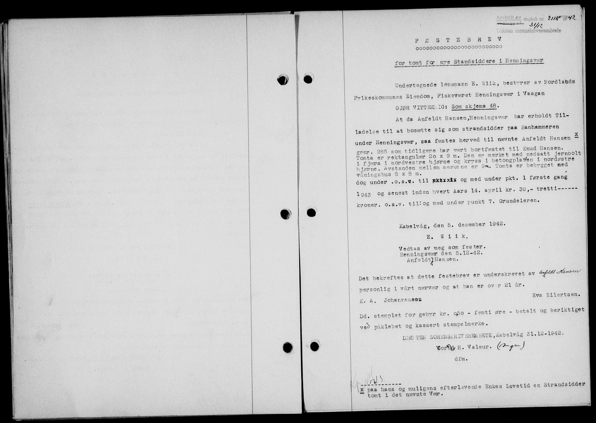 Lofoten sorenskriveri, SAT/A-0017/1/2/2C/L0010a: Mortgage book no. 10a, 1942-1943, Diary no: : 2118/1942