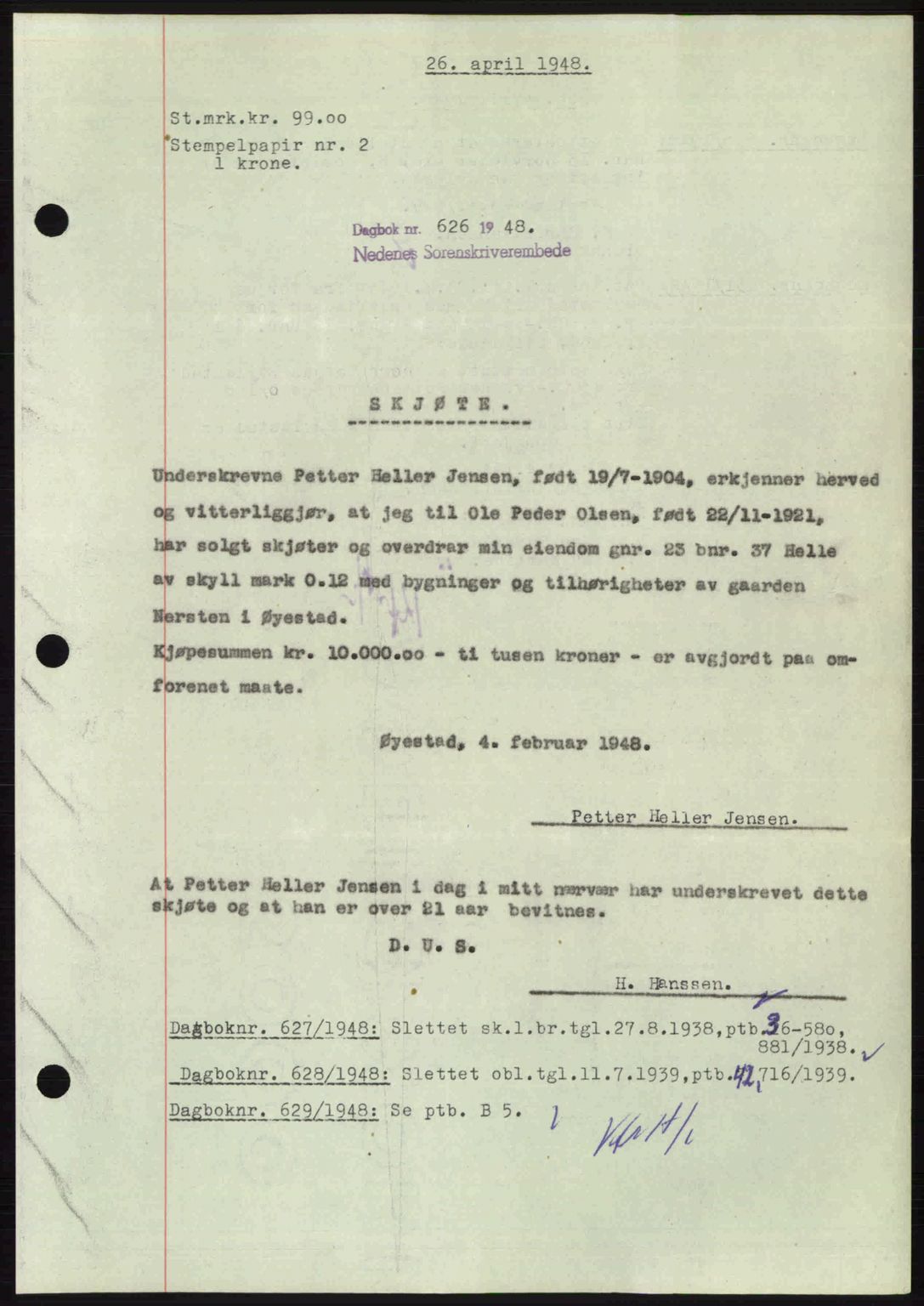 Nedenes sorenskriveri, SAK/1221-0006/G/Gb/Gba/L0059: Mortgage book no. A11, 1948-1948, Diary no: : 626/1948