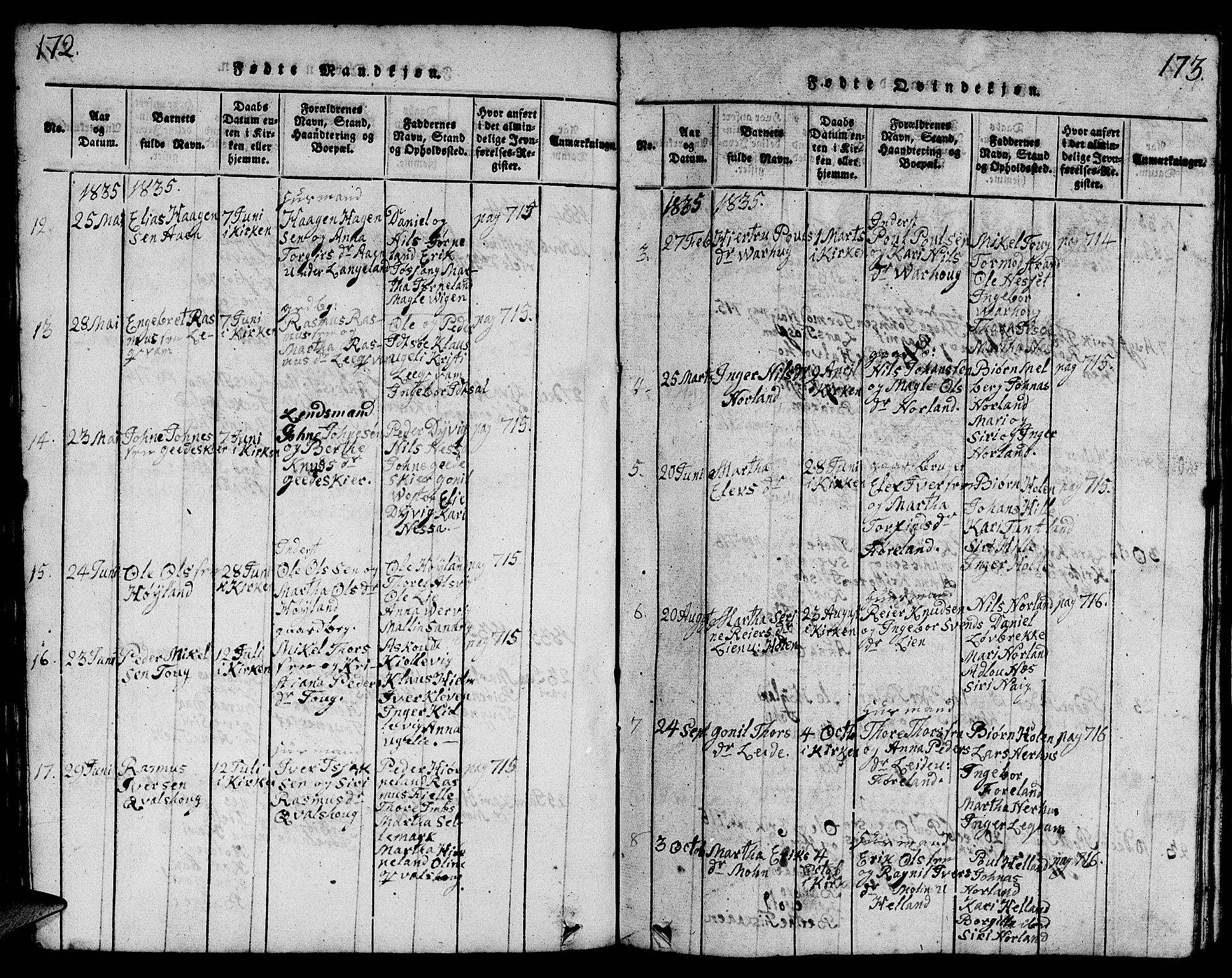 Strand sokneprestkontor, AV/SAST-A-101828/H/Ha/Hab/L0001: Parish register (copy) no. B 1, 1816-1854, p. 172-173