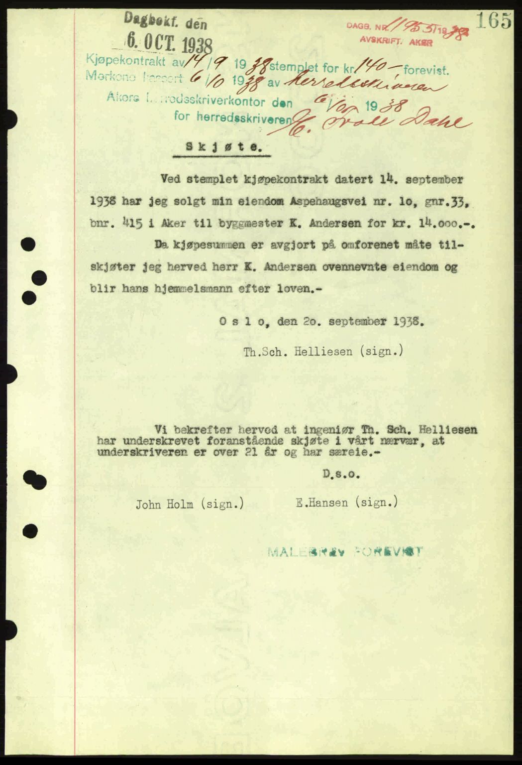 Aker herredsskriveri, SAO/A-10896/G/Gb/Gba/Gbab/L0025: Mortgage book no. A154-155, 1938-1938, Diary no: : 11955/1938