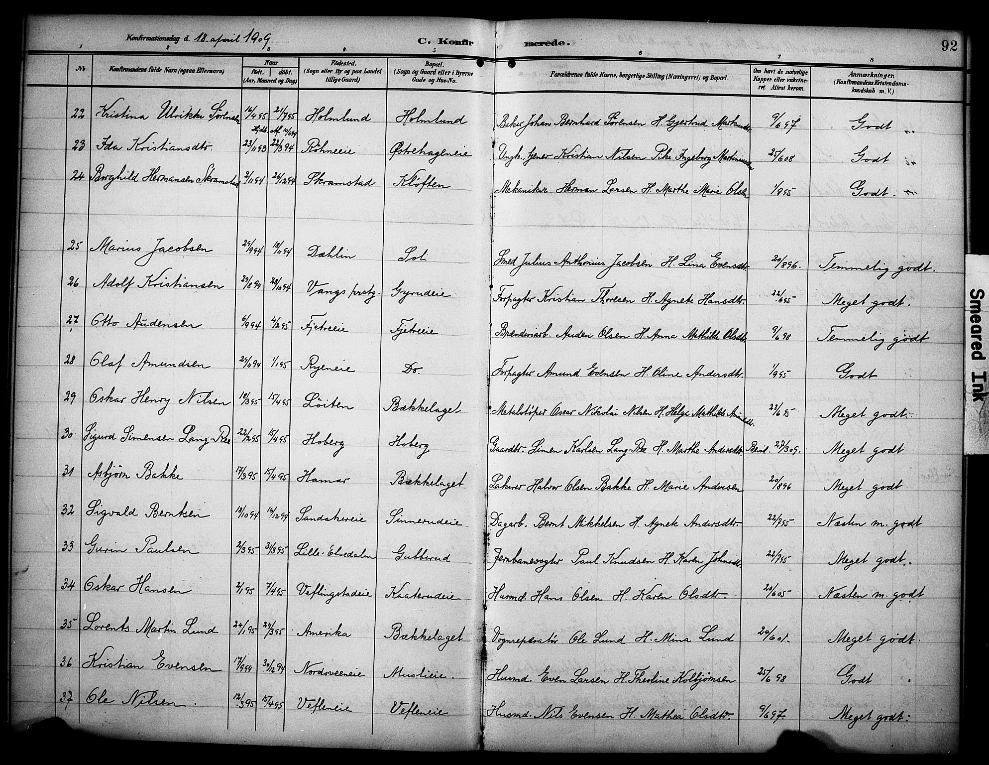 Stange prestekontor, AV/SAH-PREST-002/K/L0022: Parish register (official) no. 22, 1903-1914, p. 92