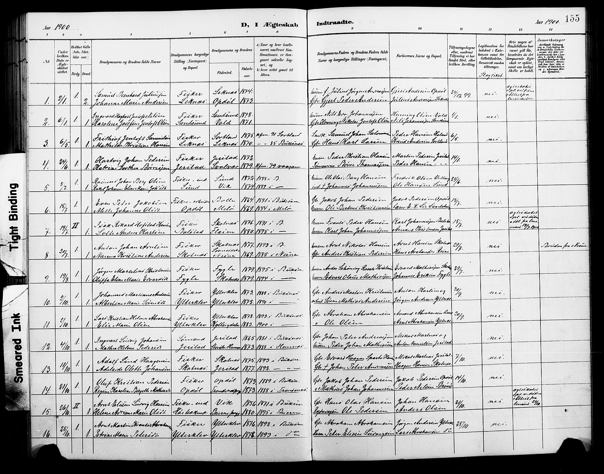 Ministerialprotokoller, klokkerbøker og fødselsregistre - Nordland, AV/SAT-A-1459/881/L1168: Parish register (copy) no. 881C05, 1900-1911, p. 155