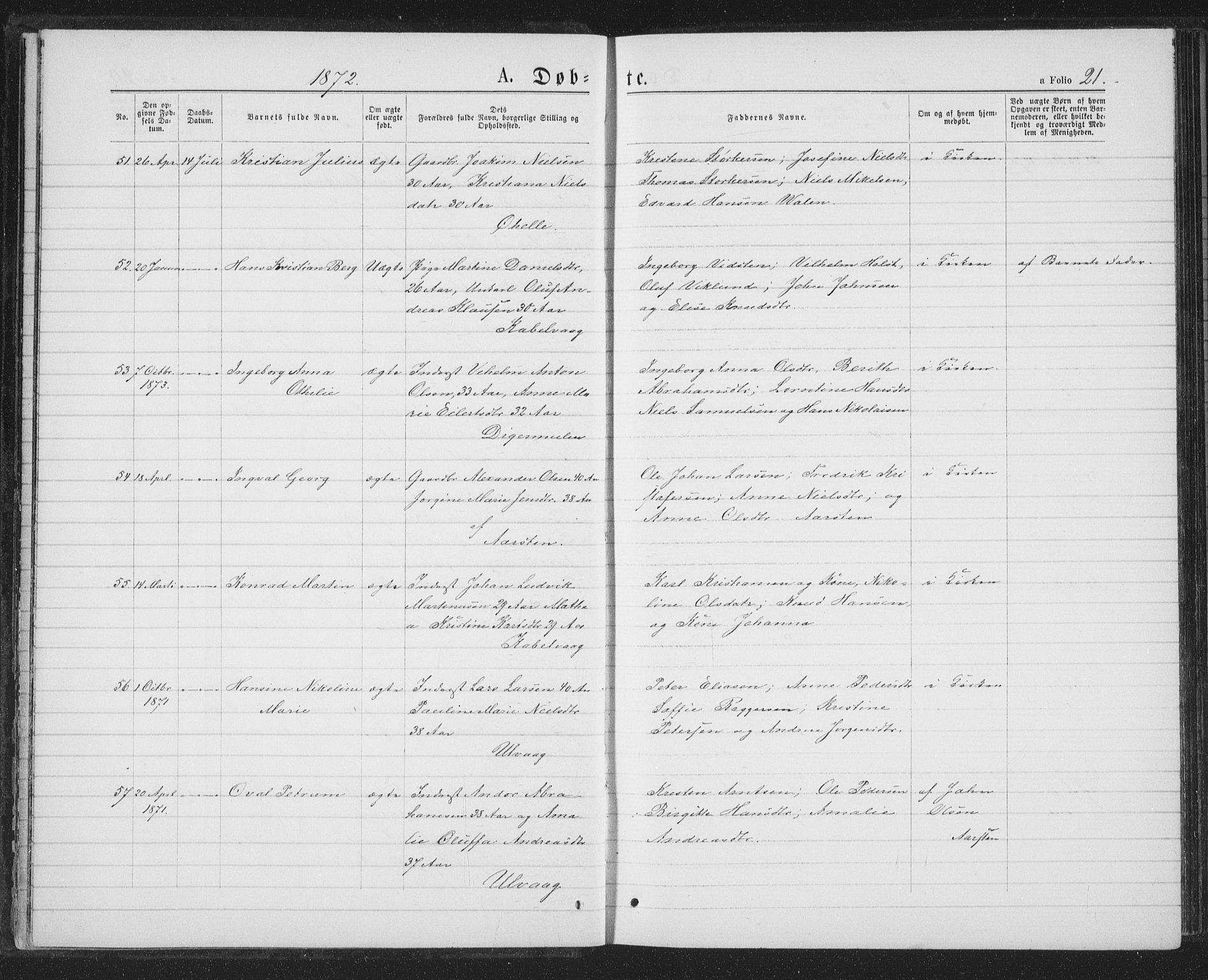 Ministerialprotokoller, klokkerbøker og fødselsregistre - Nordland, SAT/A-1459/874/L1074: Parish register (copy) no. 874C03, 1870-1876, p. 21