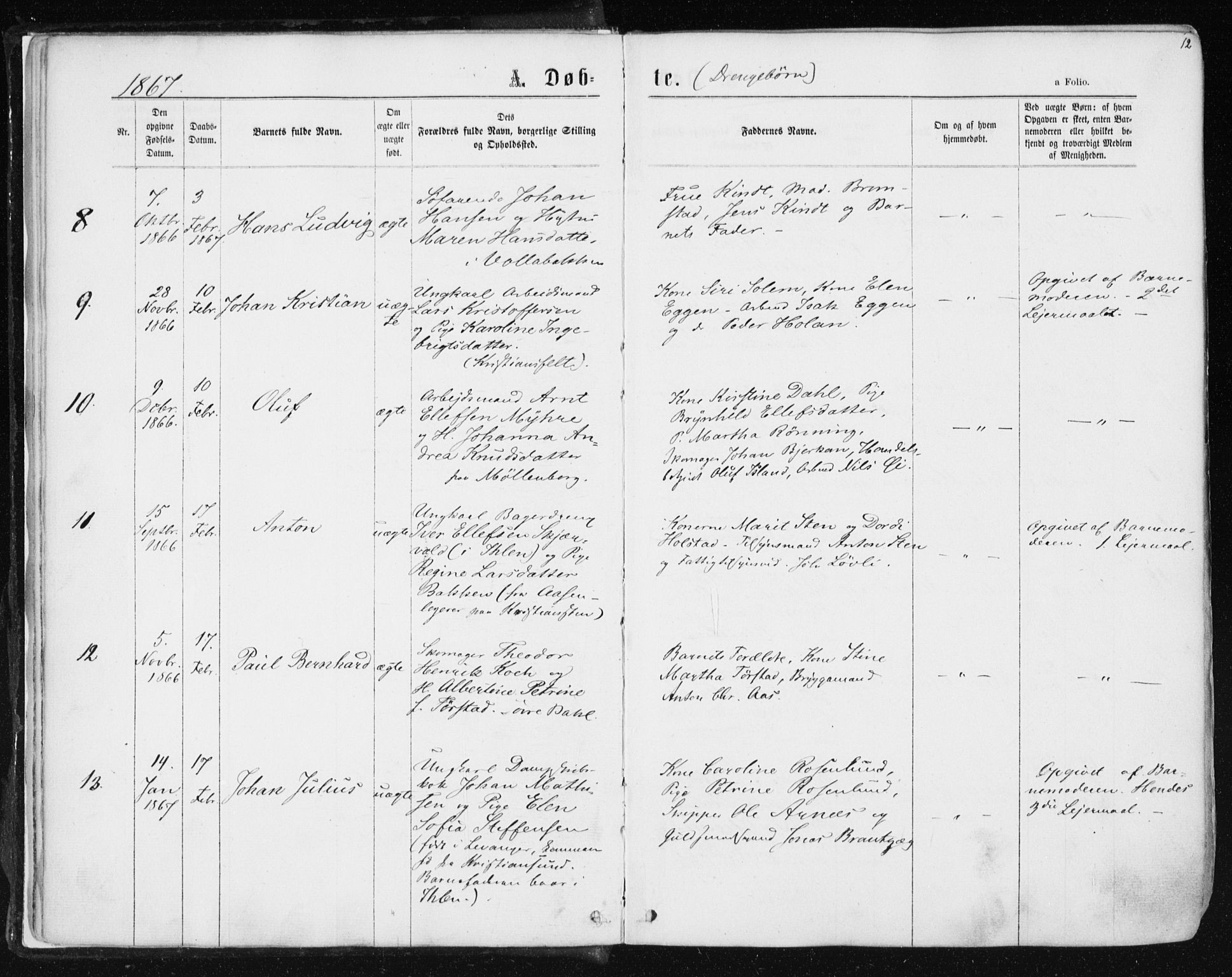 Ministerialprotokoller, klokkerbøker og fødselsregistre - Sør-Trøndelag, SAT/A-1456/604/L0186: Parish register (official) no. 604A07, 1866-1877, p. 12