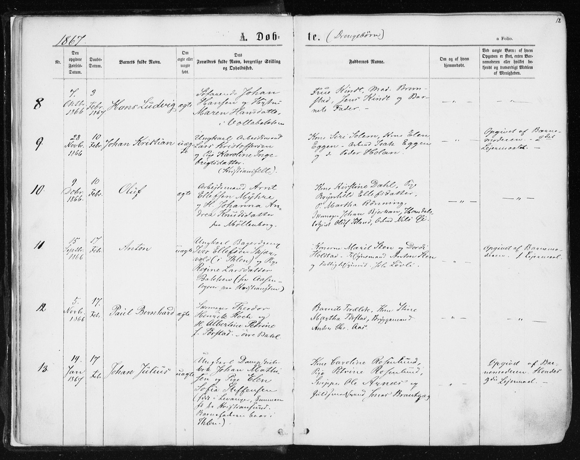 Ministerialprotokoller, klokkerbøker og fødselsregistre - Sør-Trøndelag, AV/SAT-A-1456/604/L0186: Parish register (official) no. 604A07, 1866-1877, p. 12