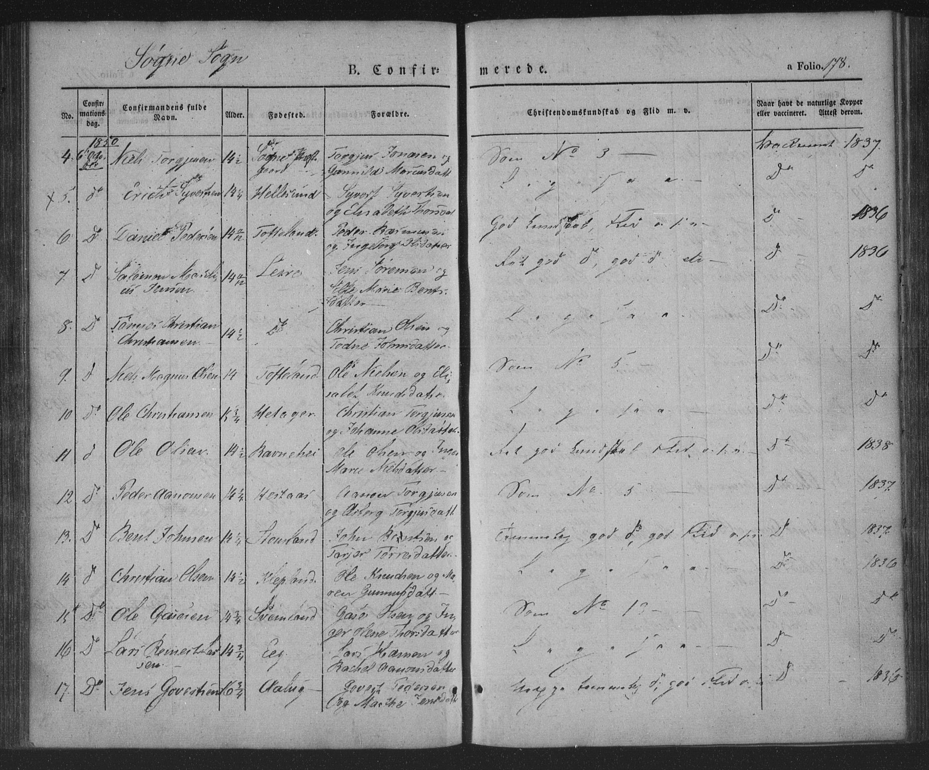 Søgne sokneprestkontor, AV/SAK-1111-0037/F/Fa/Fab/L0009: Parish register (official) no. A 9, 1838-1853, p. 178