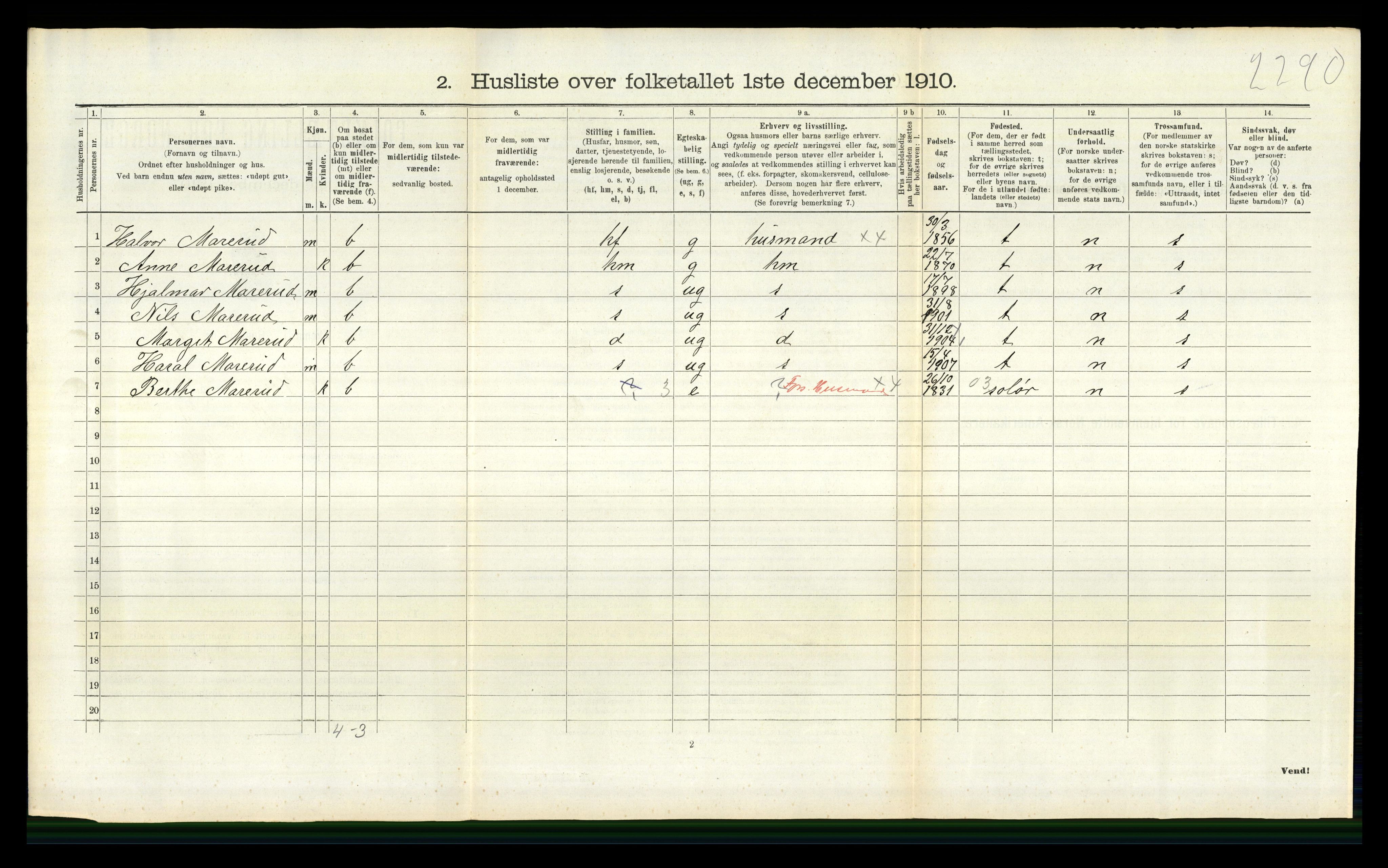 RA, 1910 census for Nes, 1910, p. 1309