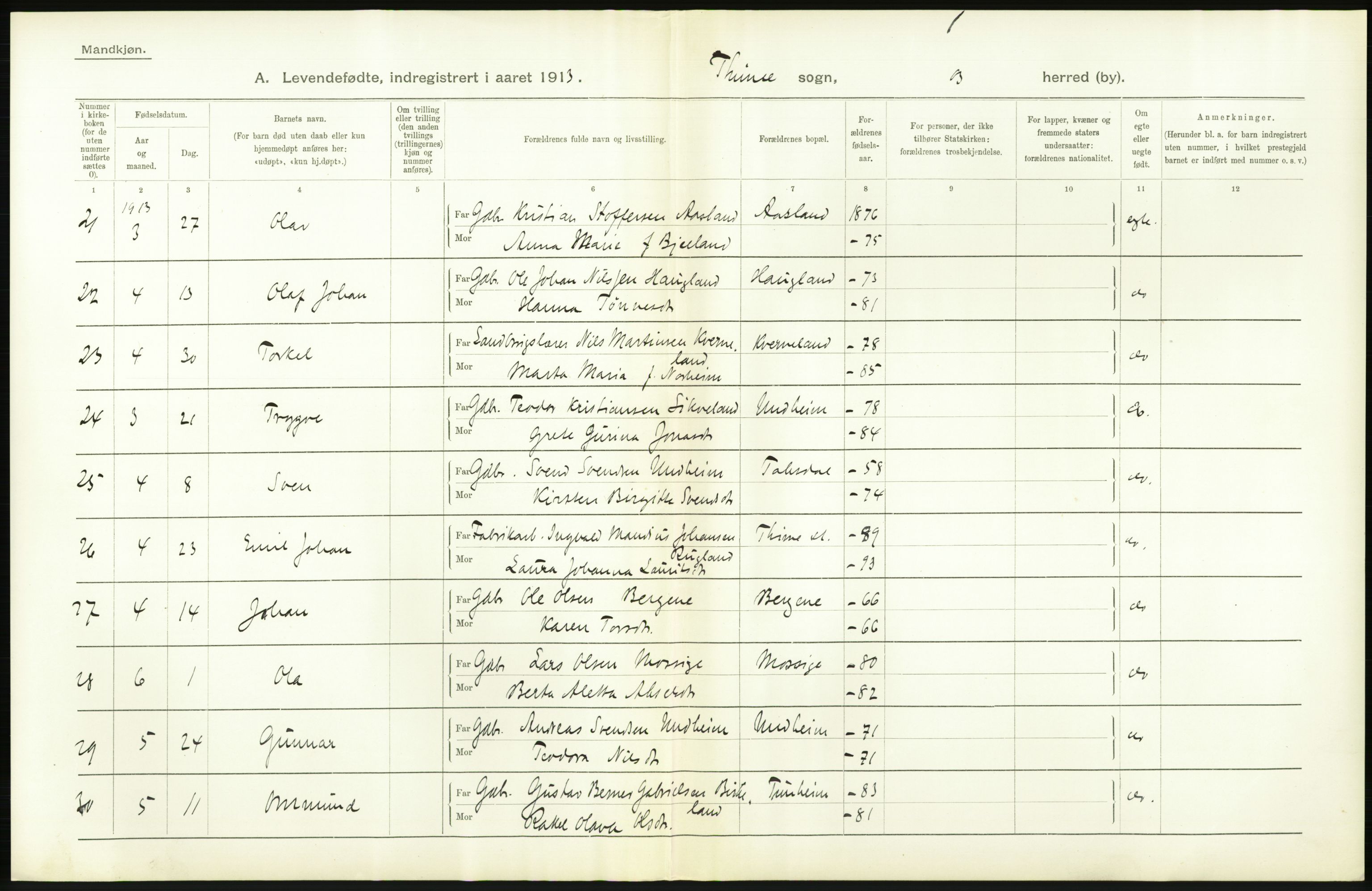 Statistisk sentralbyrå, Sosiodemografiske emner, Befolkning, AV/RA-S-2228/D/Df/Dfb/Dfbc/L0025: Stavanger amt: Levendefødte menn og kvinner. Bygder., 1913, p. 22