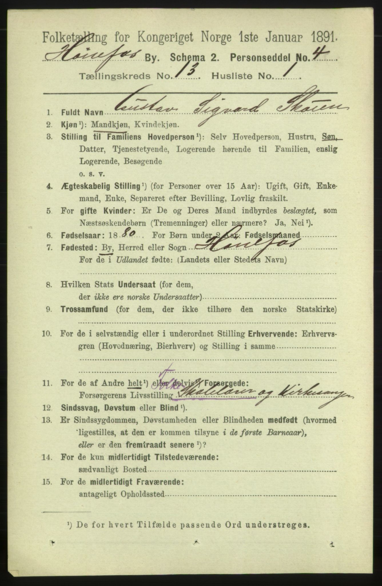 RA, 1891 census for 0601 Hønefoss, 1891, p. 1613