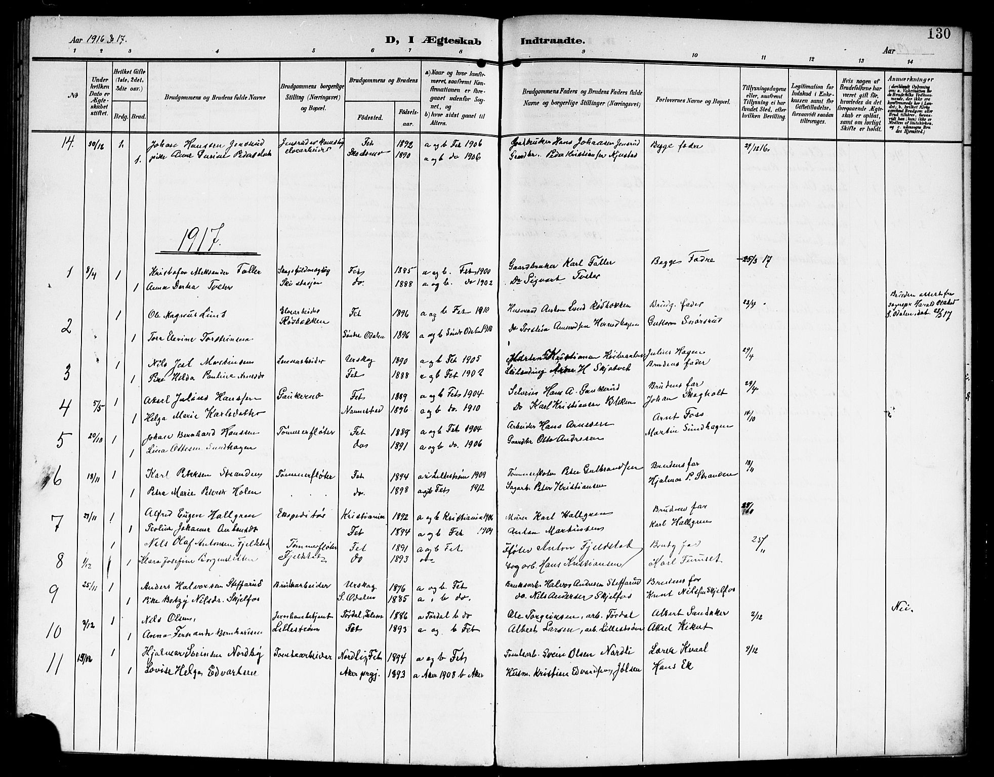Fet prestekontor Kirkebøker, SAO/A-10370a/G/Ga/L0008: Parish register (copy) no. I 8, 1907-1920, p. 130