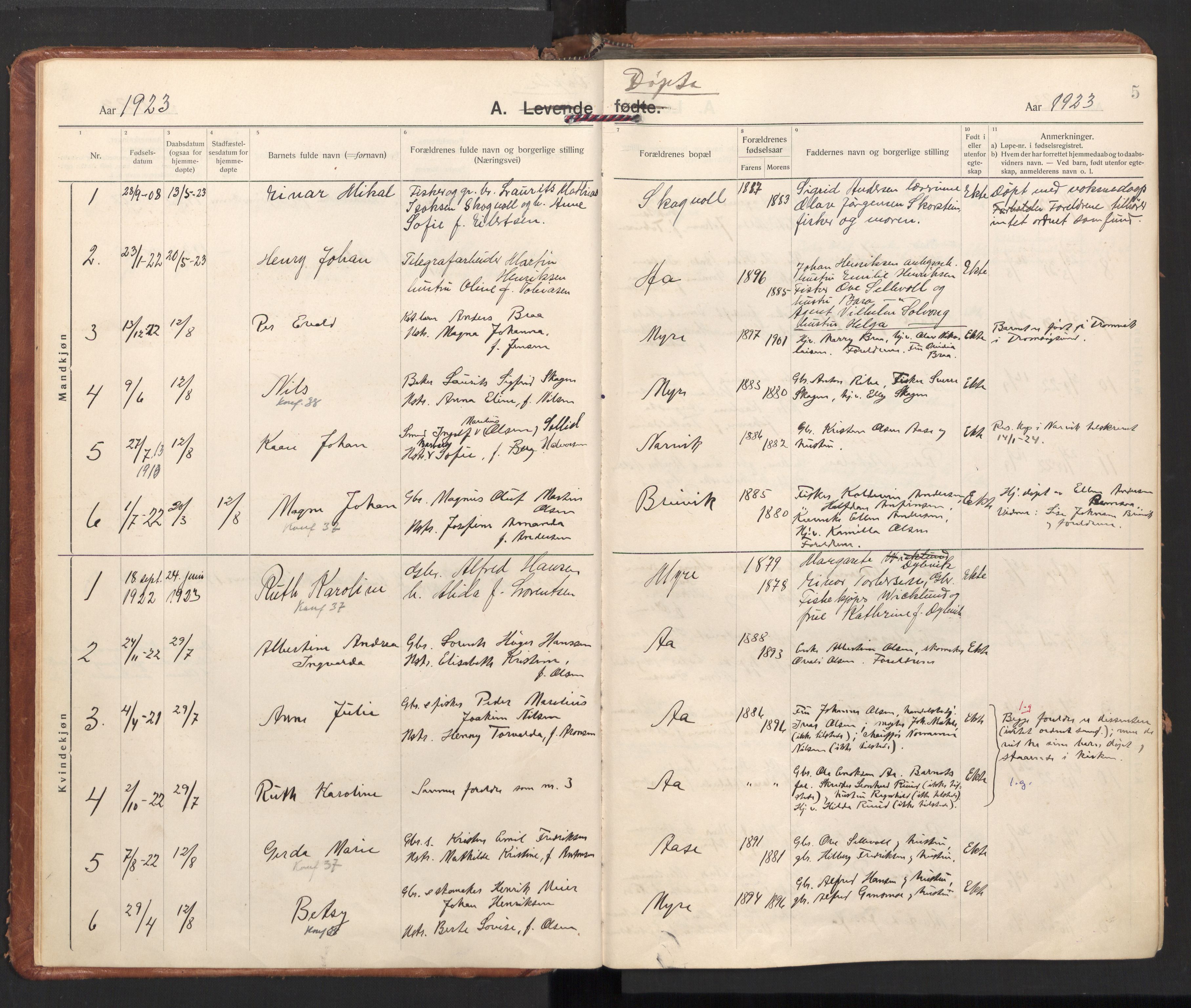 Ministerialprotokoller, klokkerbøker og fødselsregistre - Nordland, SAT/A-1459/897/L1408: Parish register (official) no. 897A15, 1922-1938, p. 5