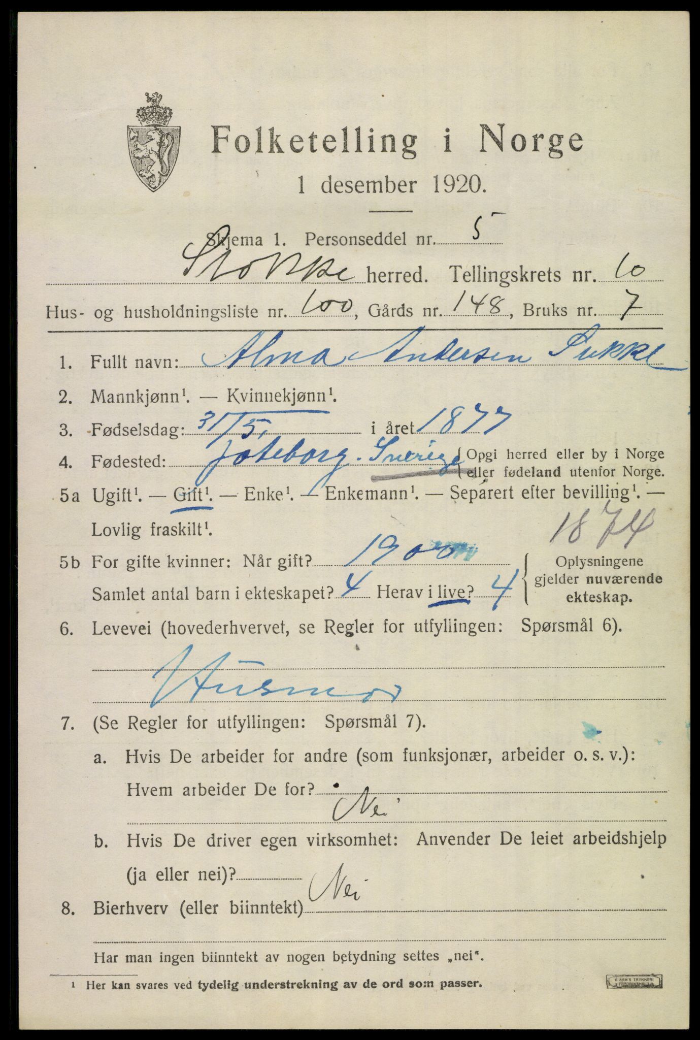 SAKO, 1920 census for Stokke, 1920, p. 12240