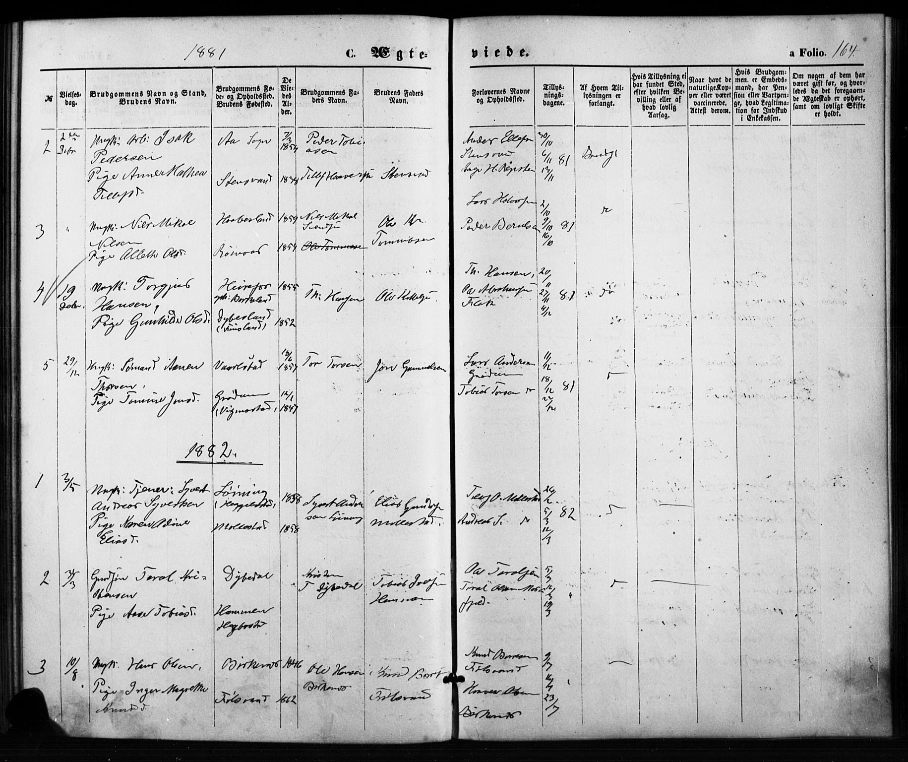 Birkenes sokneprestkontor, SAK/1111-0004/F/Fb/L0003: Parish register (copy) no. B 3, 1876-1892, p. 164