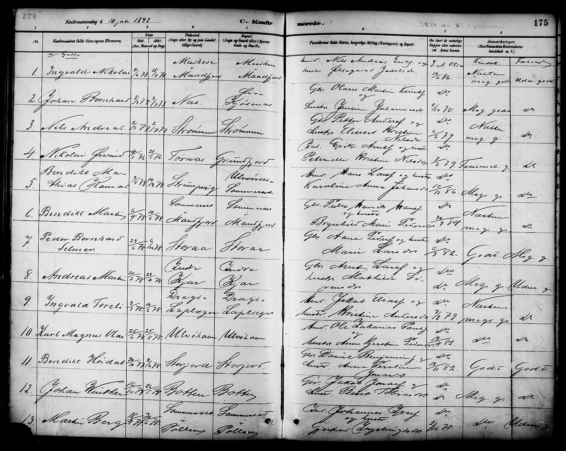 Ministerialprotokoller, klokkerbøker og fødselsregistre - Nordland, AV/SAT-A-1459/861/L0869: Parish register (official) no. 861A04, 1889-1903, p. 175