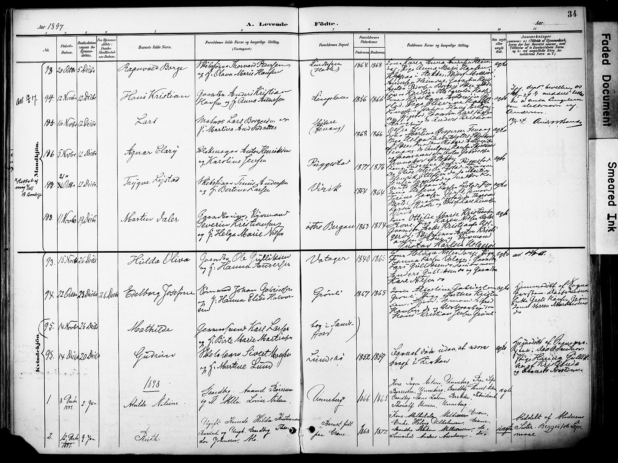 Sandar kirkebøker, SAKO/A-243/F/Fa/L0014: Parish register (official) no. 14, 1896-1909, p. 34