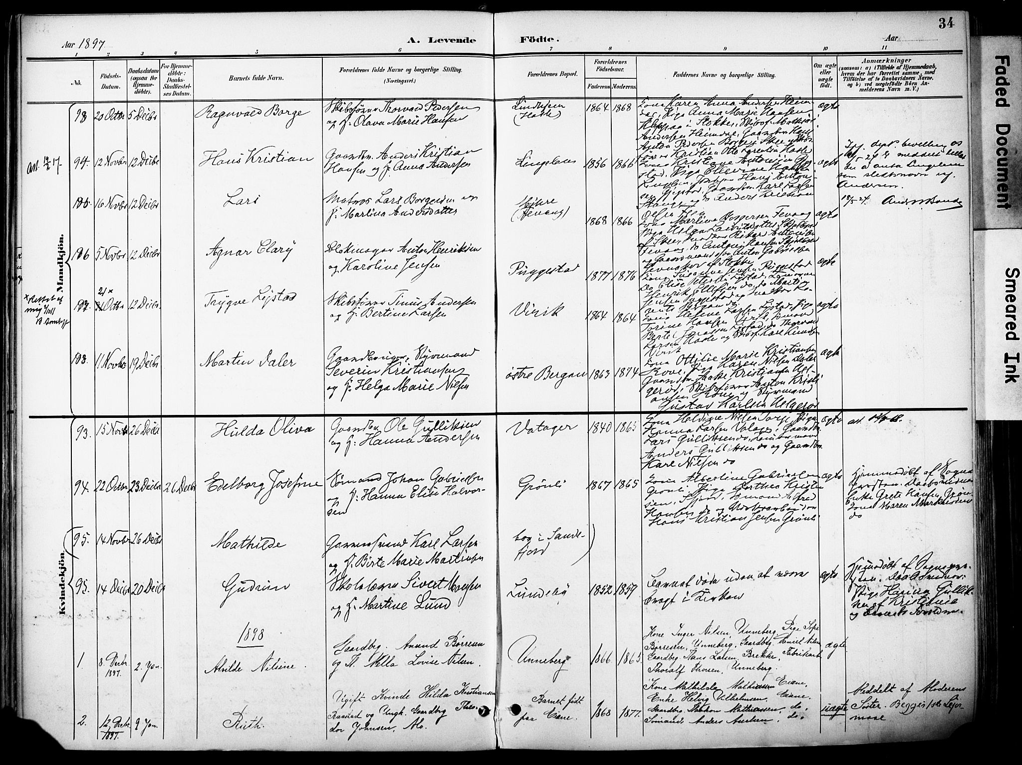 Sandar kirkebøker, AV/SAKO-A-243/F/Fa/L0014: Parish register (official) no. 14, 1896-1909, p. 34