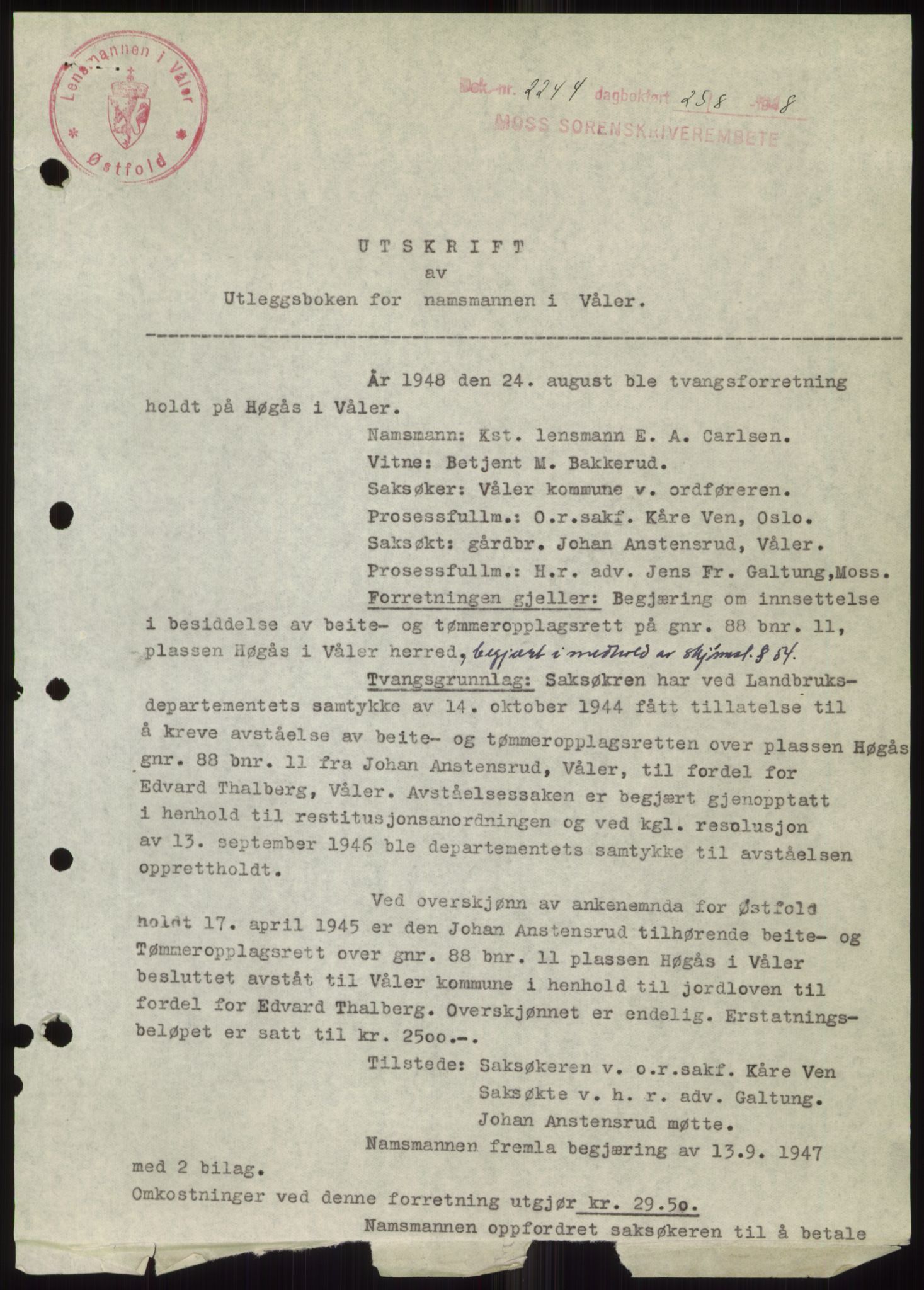 Moss sorenskriveri, AV/SAO-A-10168: Mortgage book no. B20, 1948-1948, Diary no: : 2244/1948