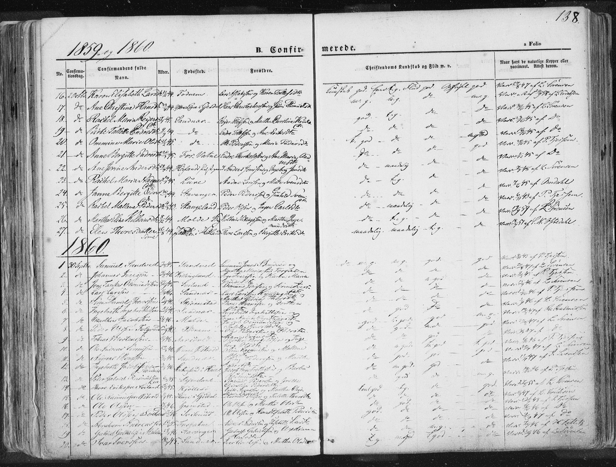 Høyland sokneprestkontor, SAST/A-101799/001/30BA/L0010: Parish register (official) no. A 9.1, 1857-1877, p. 138