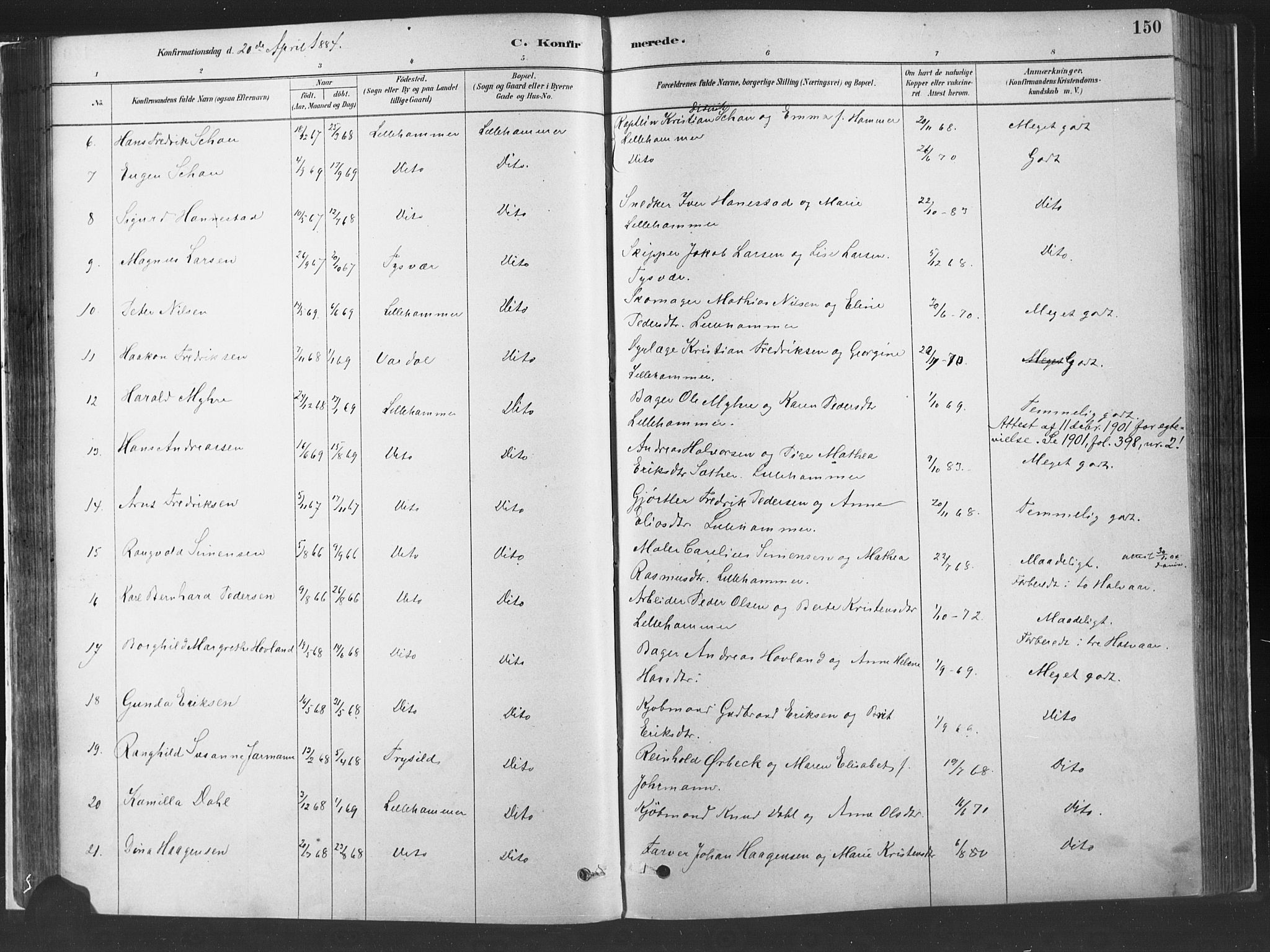 Fåberg prestekontor, SAH/PREST-086/H/Ha/Haa/L0010: Parish register (official) no. 10, 1879-1900, p. 150