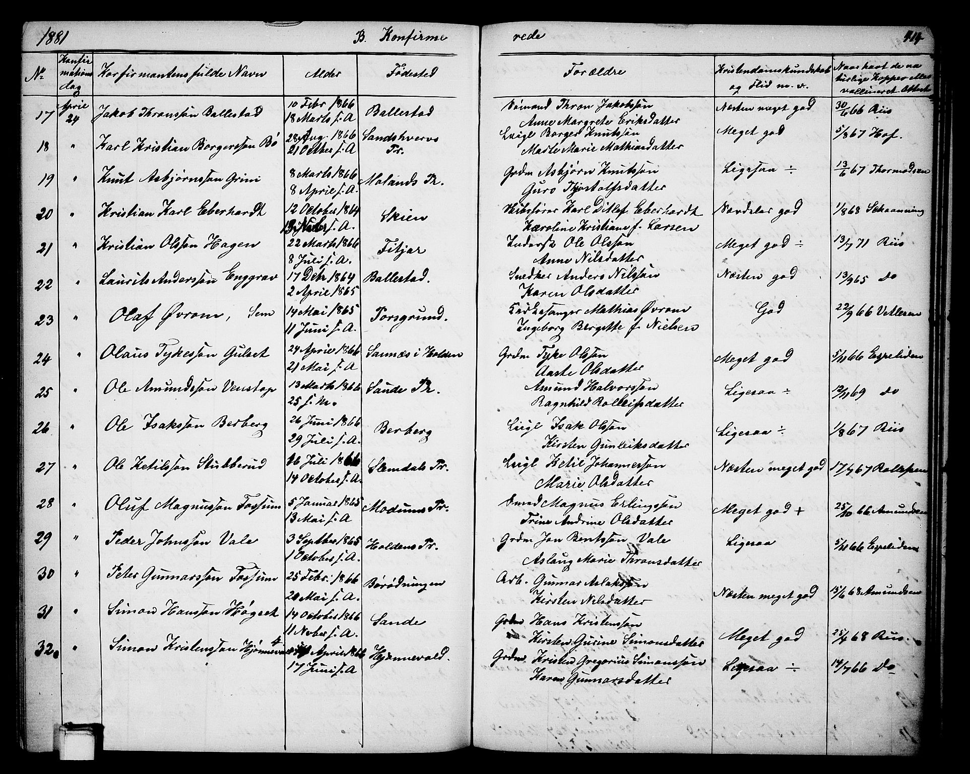 Gjerpen kirkebøker, SAKO/A-265/G/Ga/L0001: Parish register (copy) no. I 1, 1864-1882, p. 414