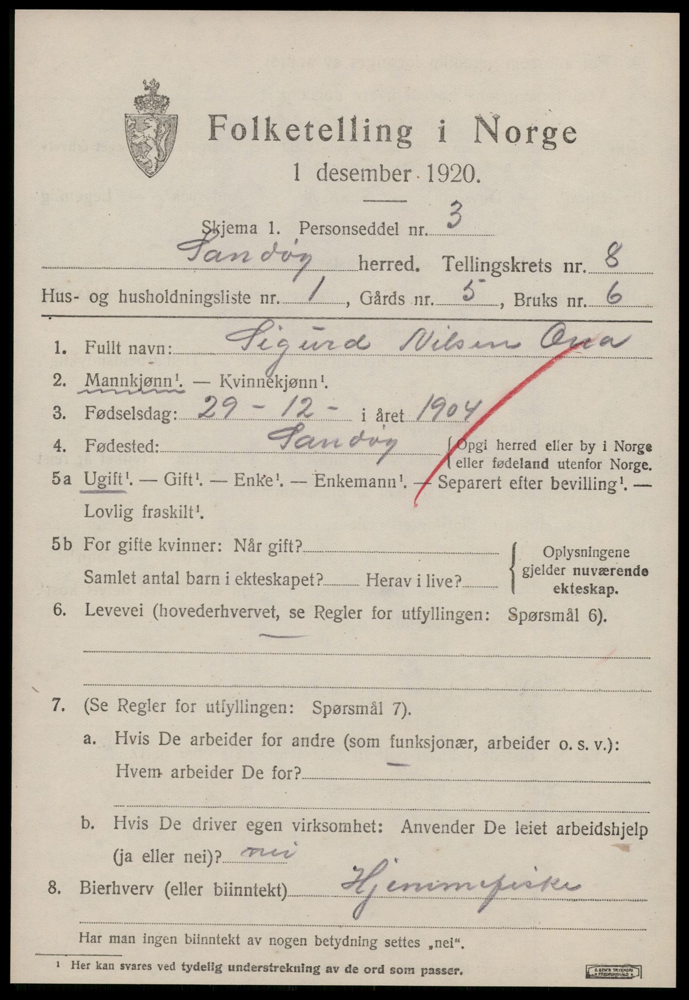 SAT, 1920 census for Sandøy, 1920, p. 2488