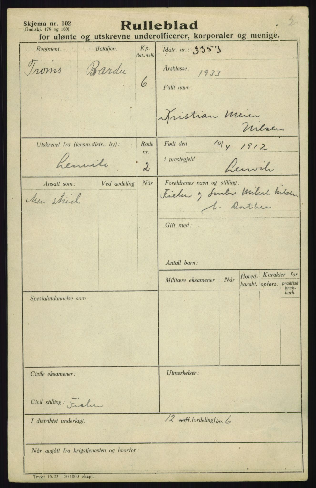 Forsvaret, Troms infanteriregiment nr. 16, AV/RA-RAFA-3146/P/Pa/L0017: Rulleblad for regimentets menige mannskaper, årsklasse 1933, 1933, p. 887