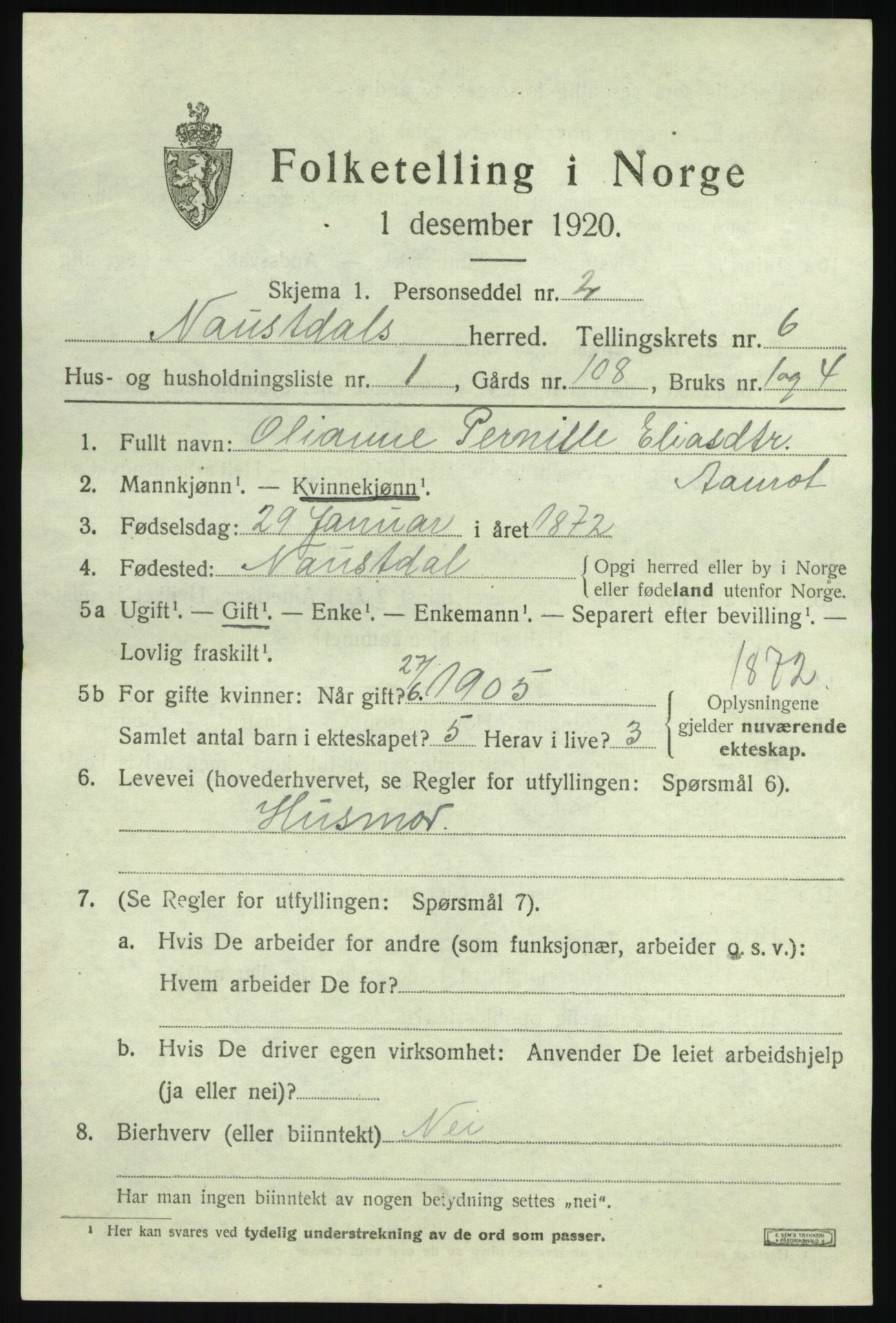 SAB, 1920 census for Naustdal, 1920, p. 3697