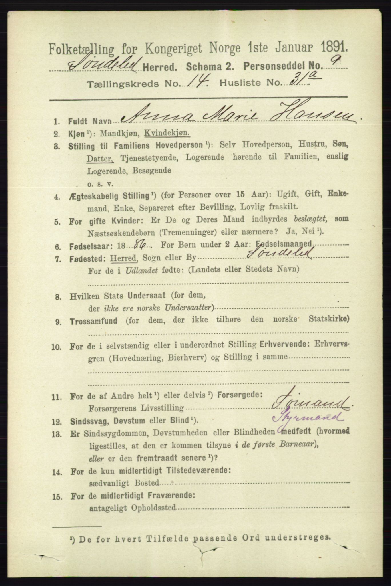 RA, 1891 census for 0913 Søndeled, 1891, p. 4300