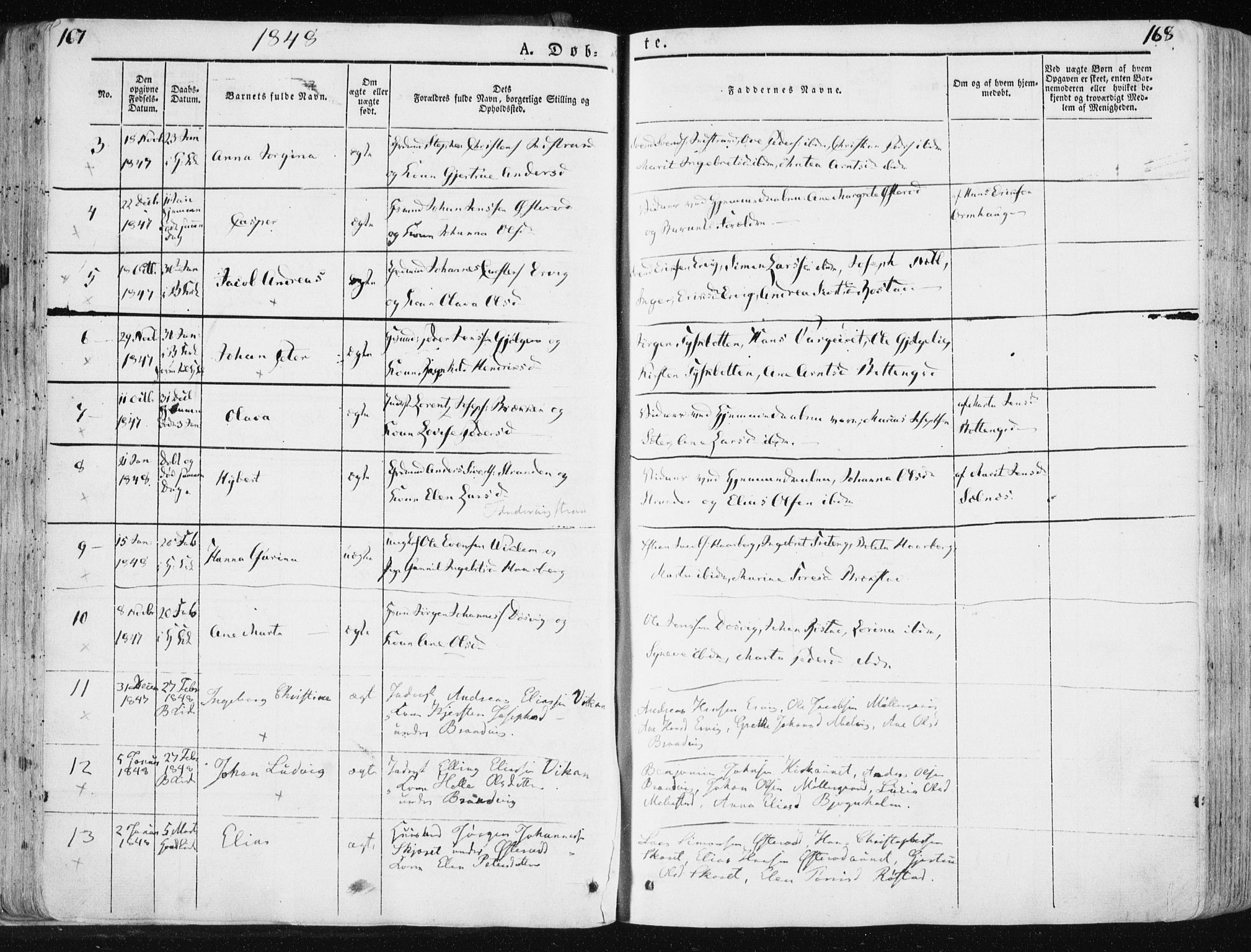 Ministerialprotokoller, klokkerbøker og fødselsregistre - Sør-Trøndelag, SAT/A-1456/659/L0736: Parish register (official) no. 659A06, 1842-1856, p. 167-168