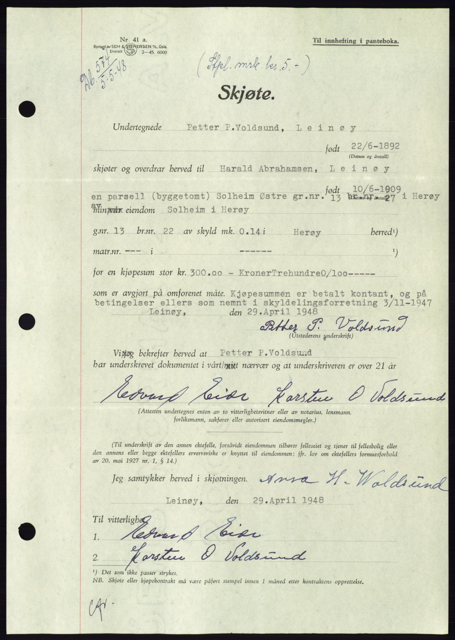 Søre Sunnmøre sorenskriveri, AV/SAT-A-4122/1/2/2C/L0082: Mortgage book no. 8A, 1948-1948, Diary no: : 574/1948