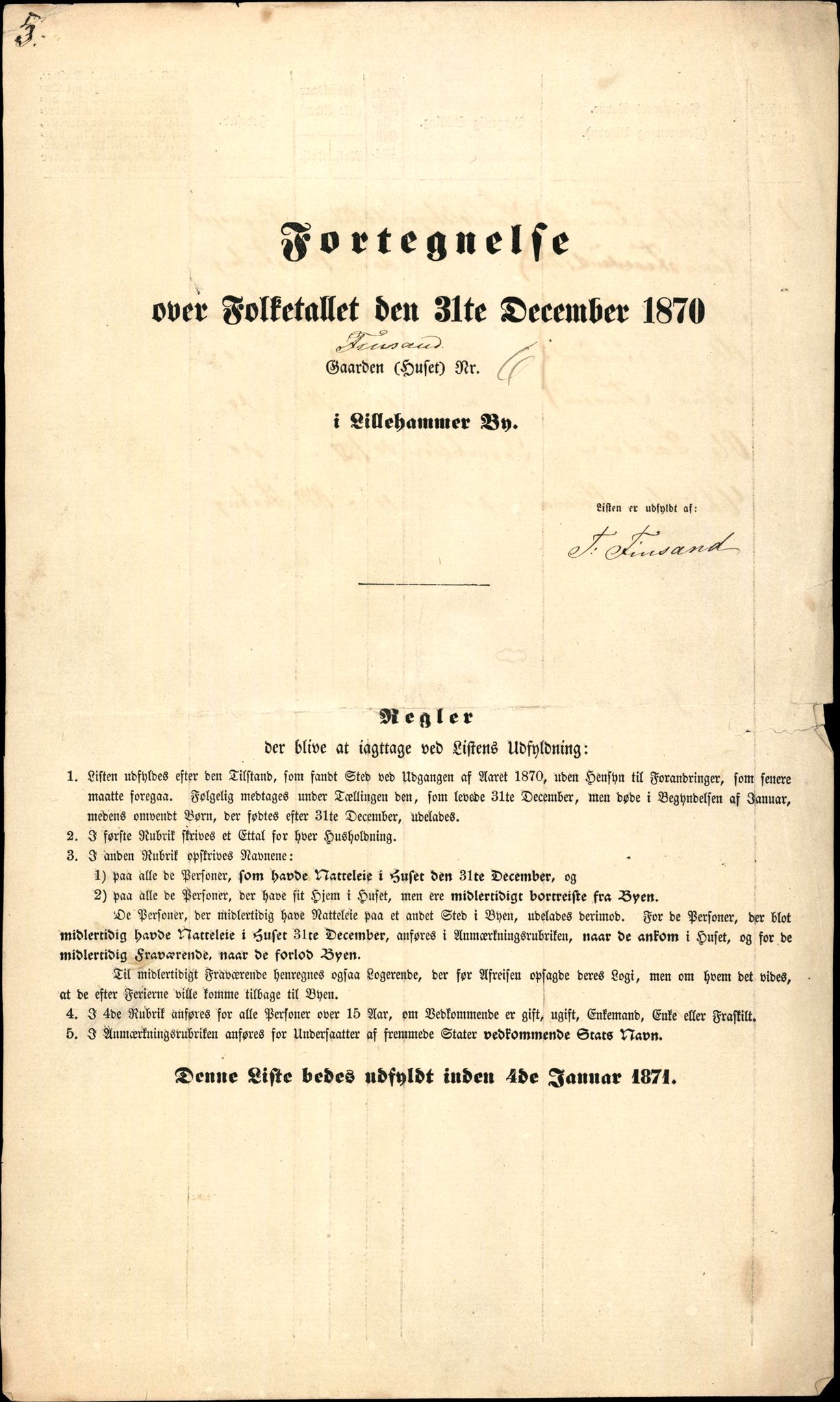RA, 1870 census for 0501 Lillehammer, 1870, p. 5