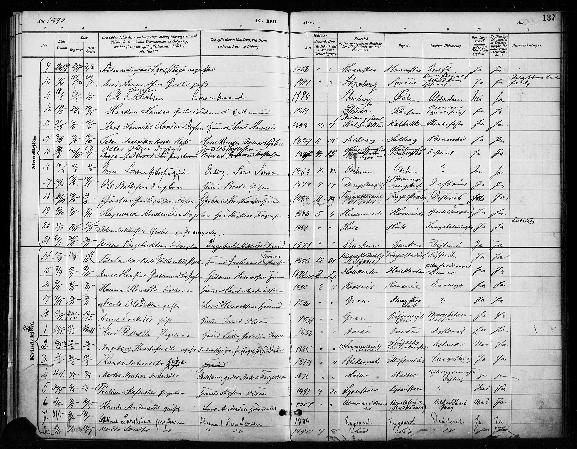 Gran prestekontor, SAH/PREST-112/H/Ha/Haa/L0018: Parish register (official) no. 18, 1889-1899, p. 137