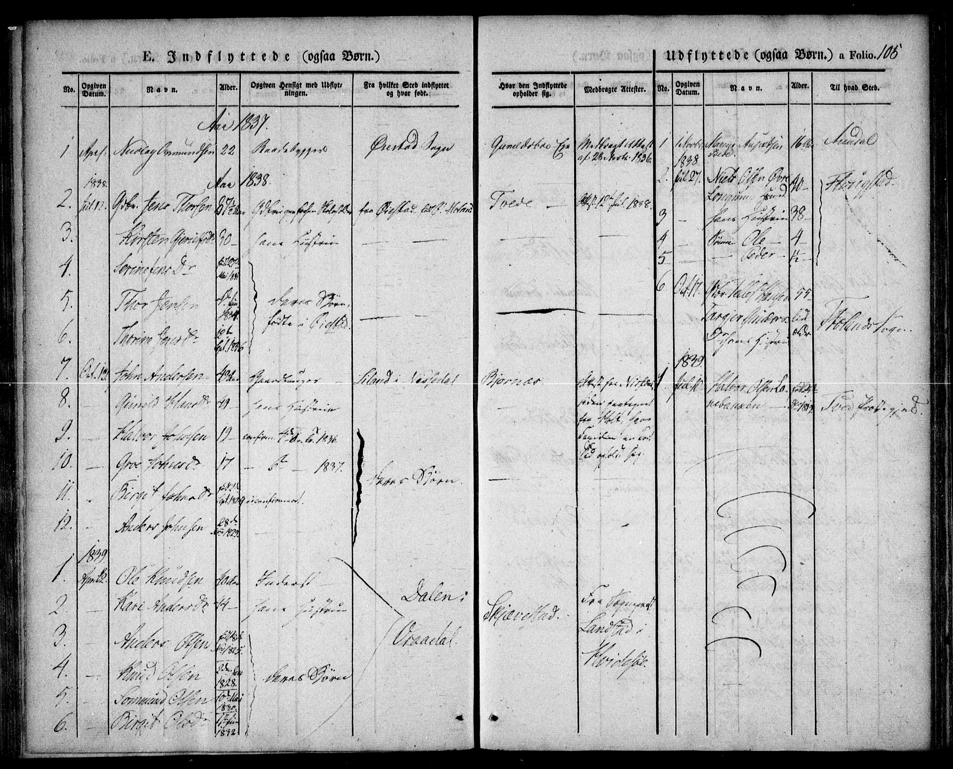 Austre Moland sokneprestkontor, SAK/1111-0001/F/Fa/Faa/L0006: Parish register (official) no. A 6, 1837-1846, p. 105
