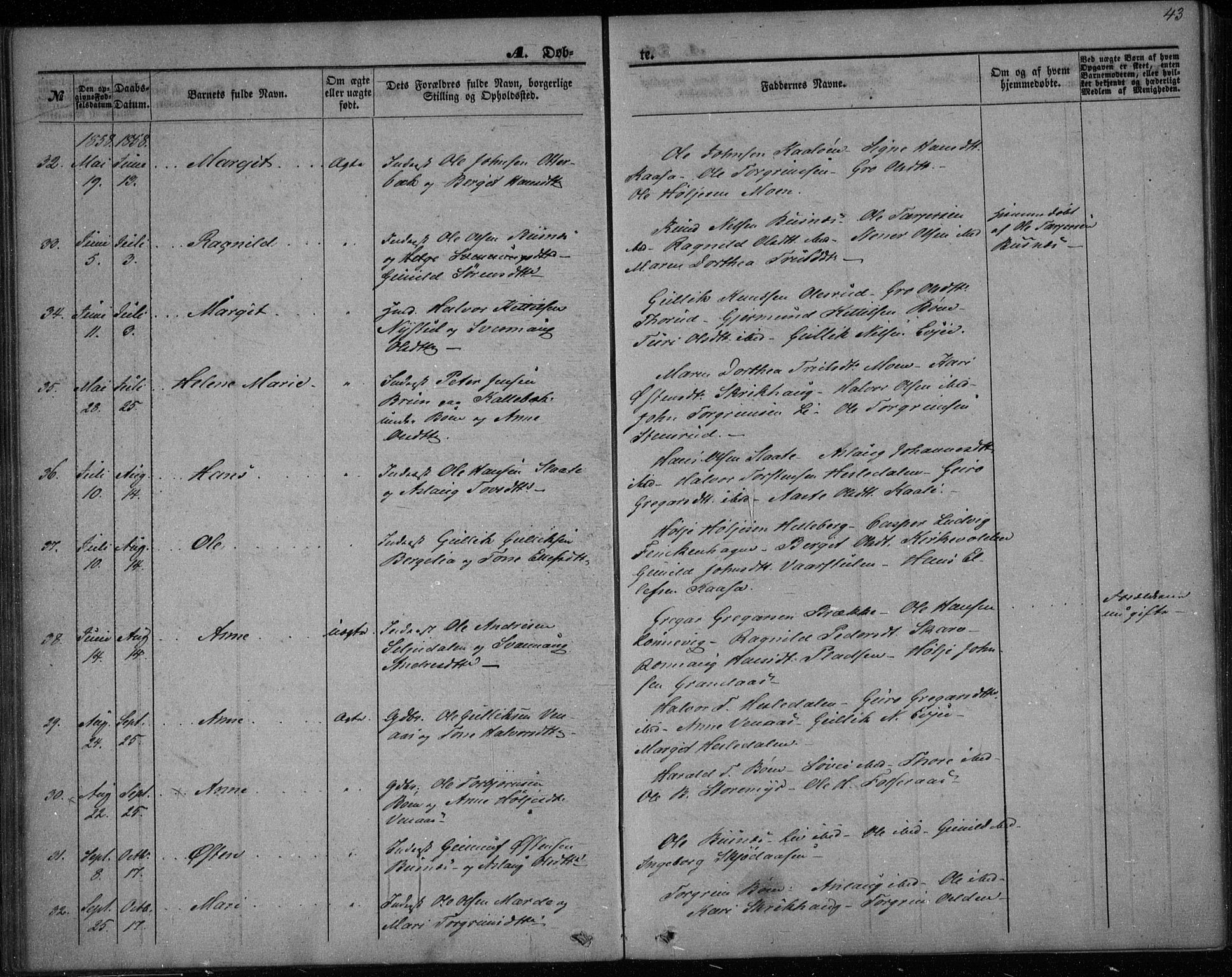 Gransherad kirkebøker, AV/SAKO-A-267/F/Fa/L0002: Parish register (official) no. I 2, 1844-1859, p. 43