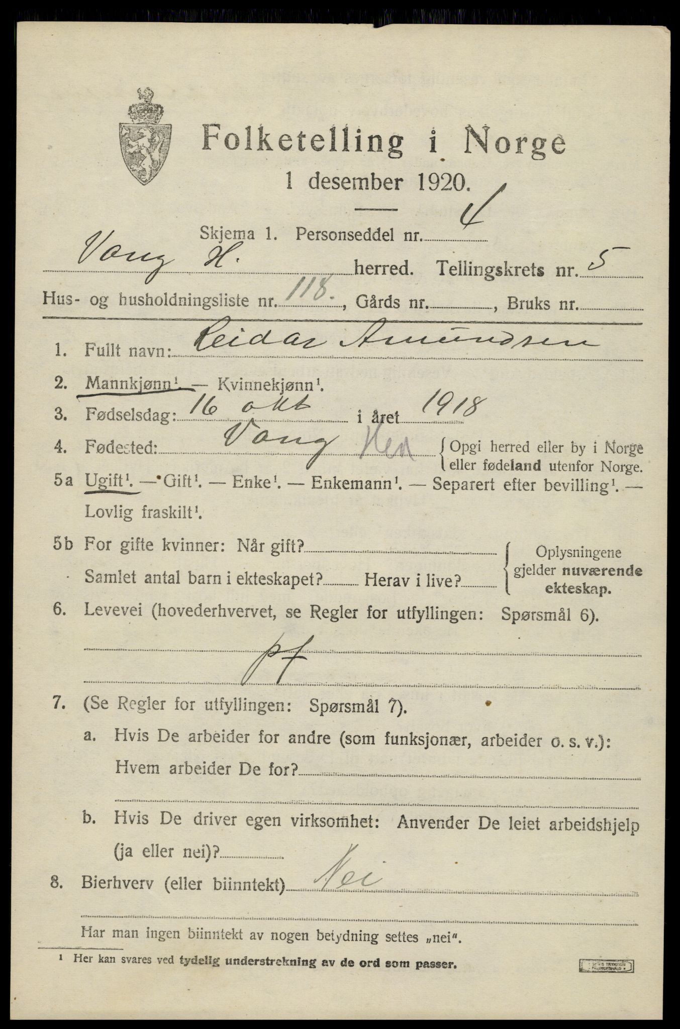 SAH, 1920 census for Vang (Hedmark), 1920, p. 15027