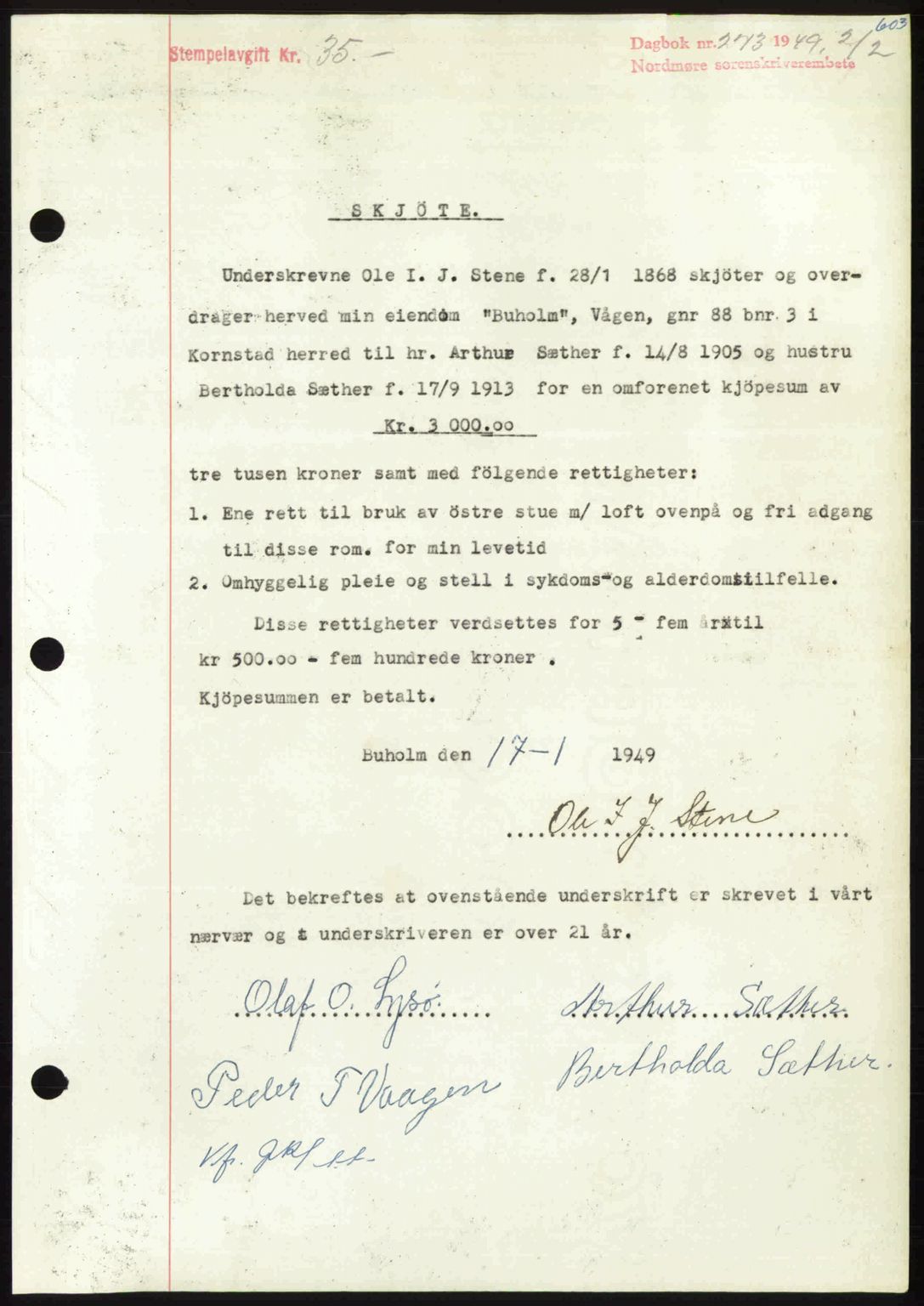 Nordmøre sorenskriveri, AV/SAT-A-4132/1/2/2Ca: Mortgage book no. A110, 1948-1949, Diary no: : 273/1949