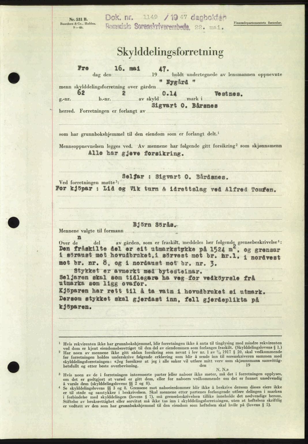 Romsdal sorenskriveri, AV/SAT-A-4149/1/2/2C: Mortgage book no. A23, 1947-1947, Diary no: : 1149/1947