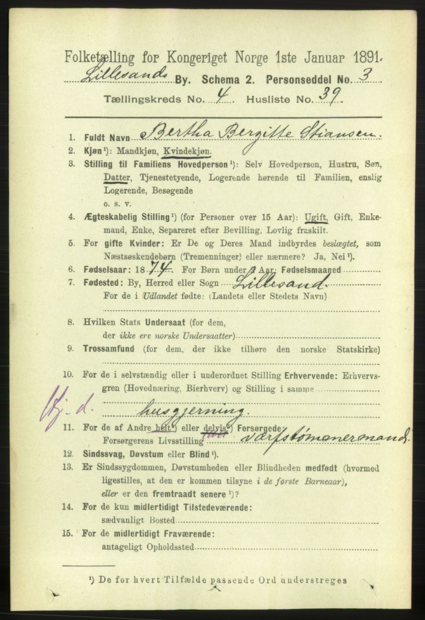 RA, 1891 census for 0905 Lillesand, 1891, p. 1371