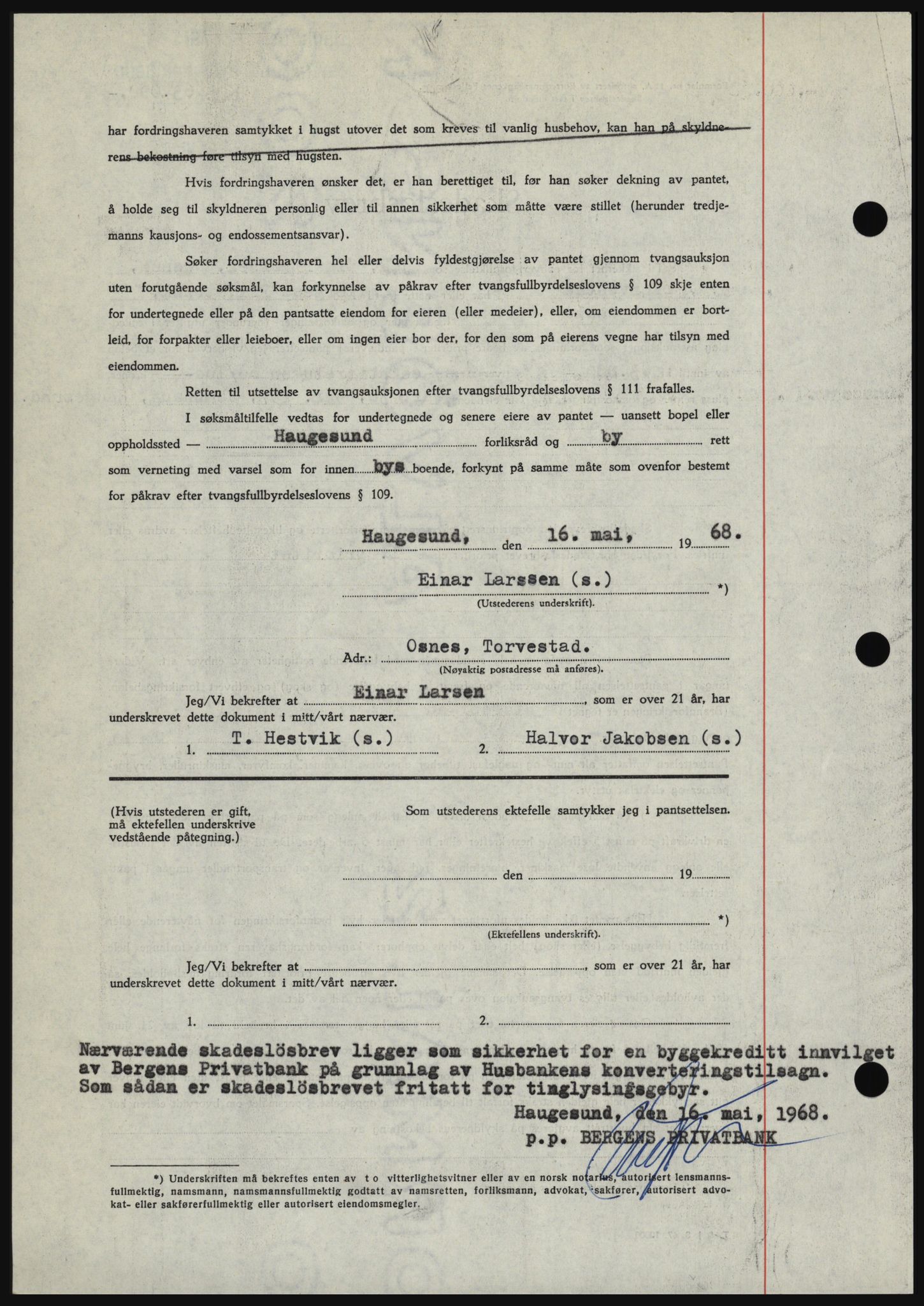 Haugesund tingrett, SAST/A-101415/01/II/IIC/L0058: Mortgage book no. B 58, 1967-1968, Diary no: : 1230/1968