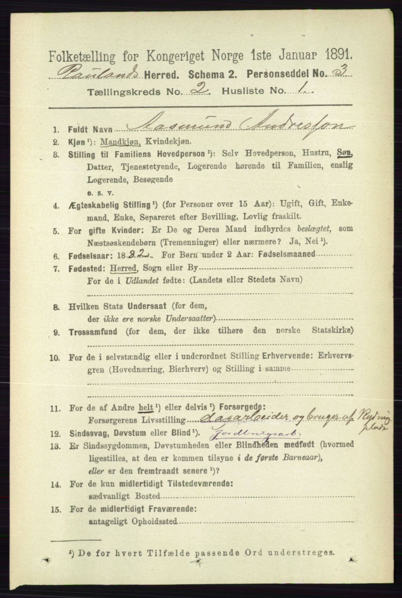 RA, 1891 census for 0835 Rauland, 1891, p. 258