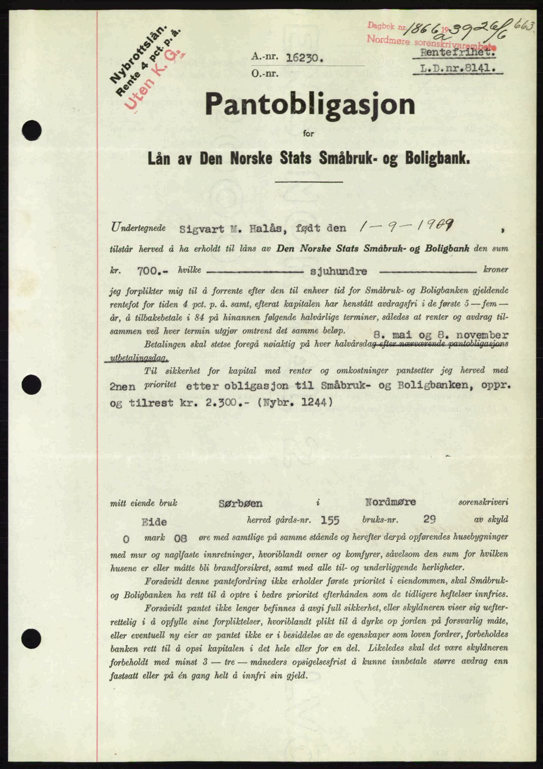 Nordmøre sorenskriveri, AV/SAT-A-4132/1/2/2Ca: Mortgage book no. B85, 1939-1939, Diary no: : 1866/1939