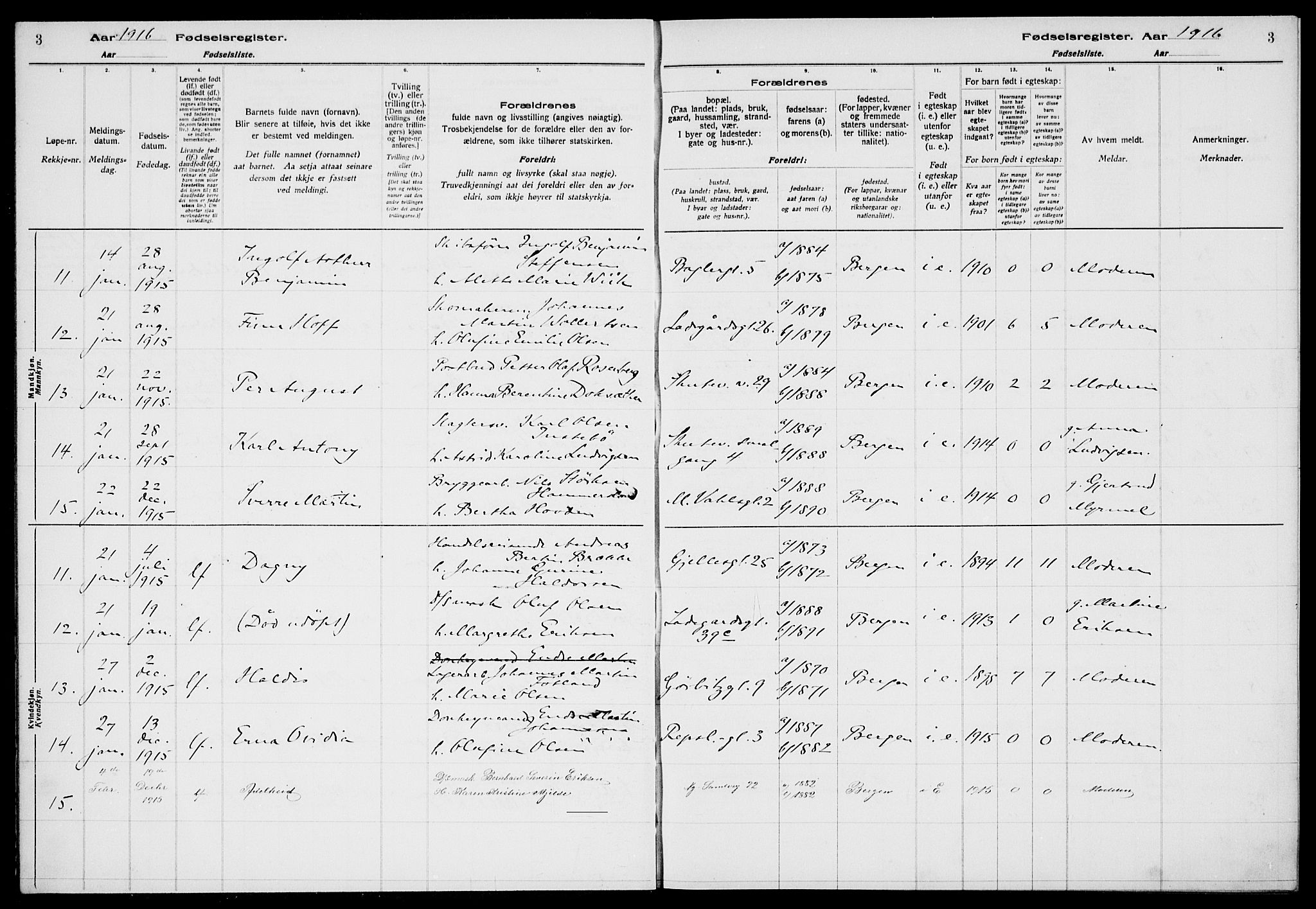 Sandviken Sokneprestembete, AV/SAB-A-77601/I/Ib/L00A1: Birth register no. A 1, 1915-1920, p. 3