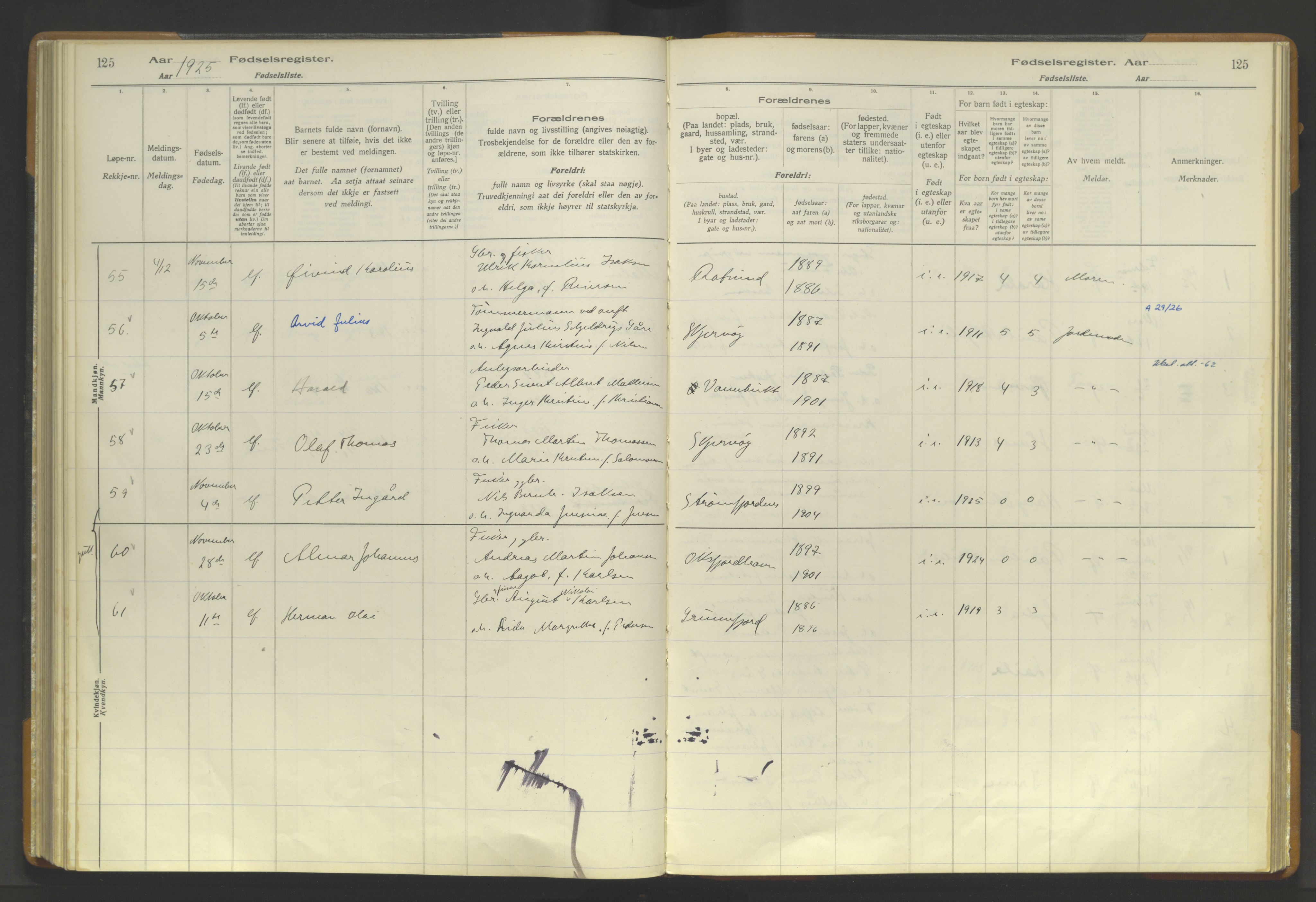 Skjervøy sokneprestkontor, AV/SATØ-S-1300/I/Ia/L0056: Birth register no. 56, 1916-1932, p. 125