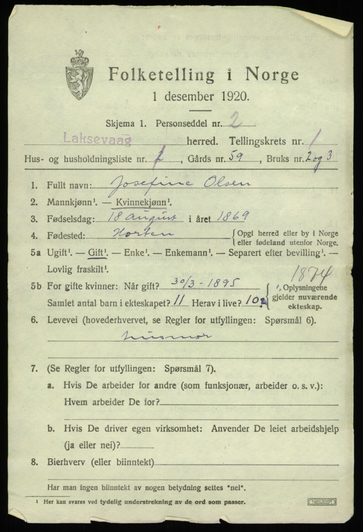 SAB, 1920 census for Laksevåg, 1920, p. 2016