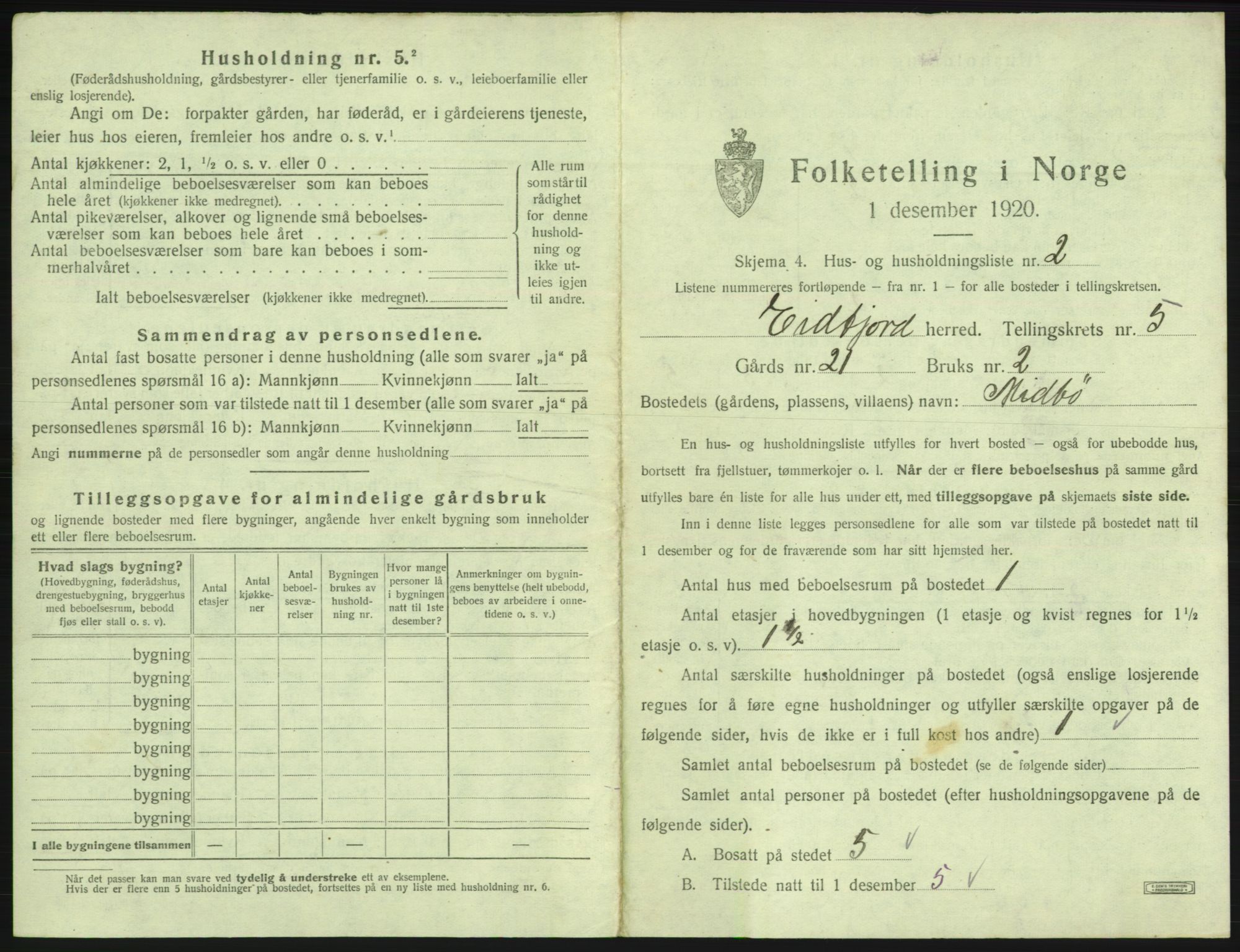 SAB, 1920 census for Eidfjord, 1920, p. 292