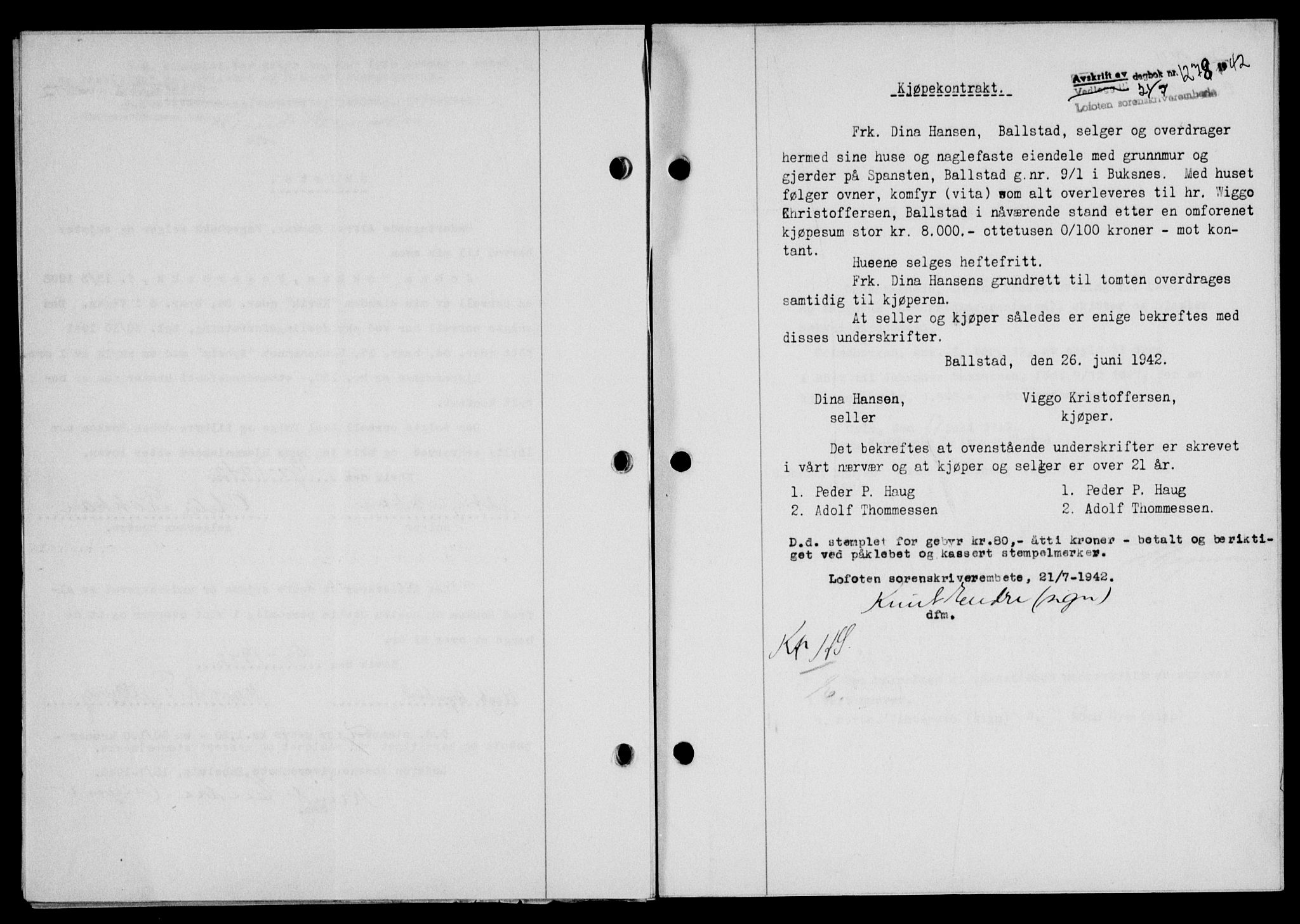 Lofoten sorenskriveri, SAT/A-0017/1/2/2C/L0010a: Mortgage book no. 10a, 1942-1943, Diary no: : 1278/1942
