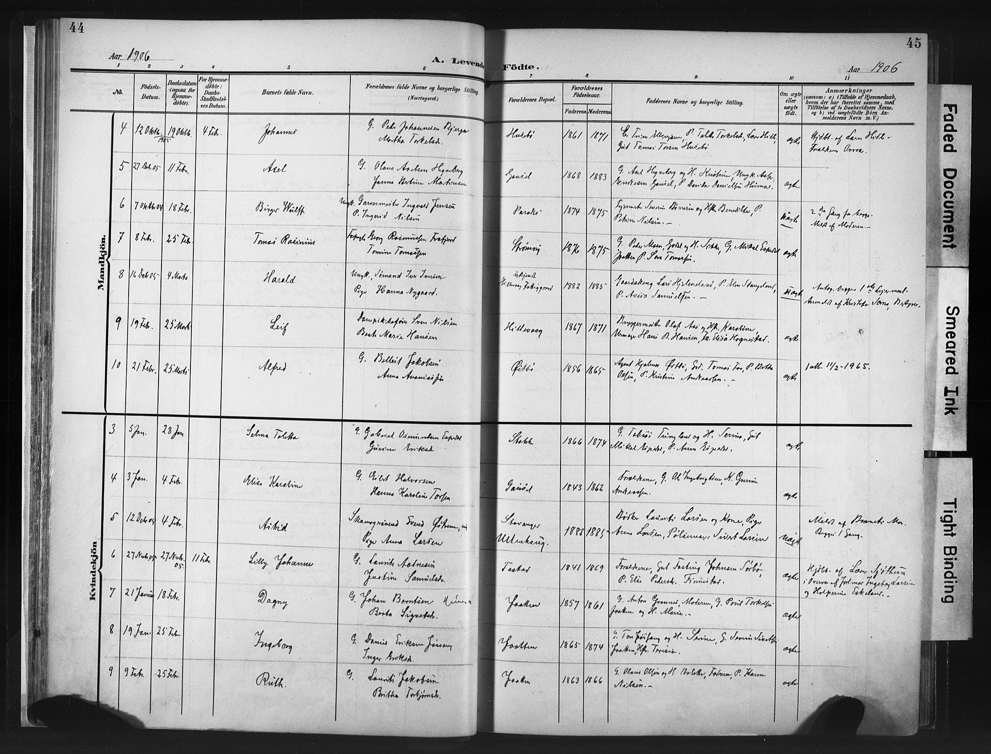 Hetland sokneprestkontor, AV/SAST-A-101826/30/30BA/L0013: Parish register (official) no. A 13, 1904-1918, p. 44-45